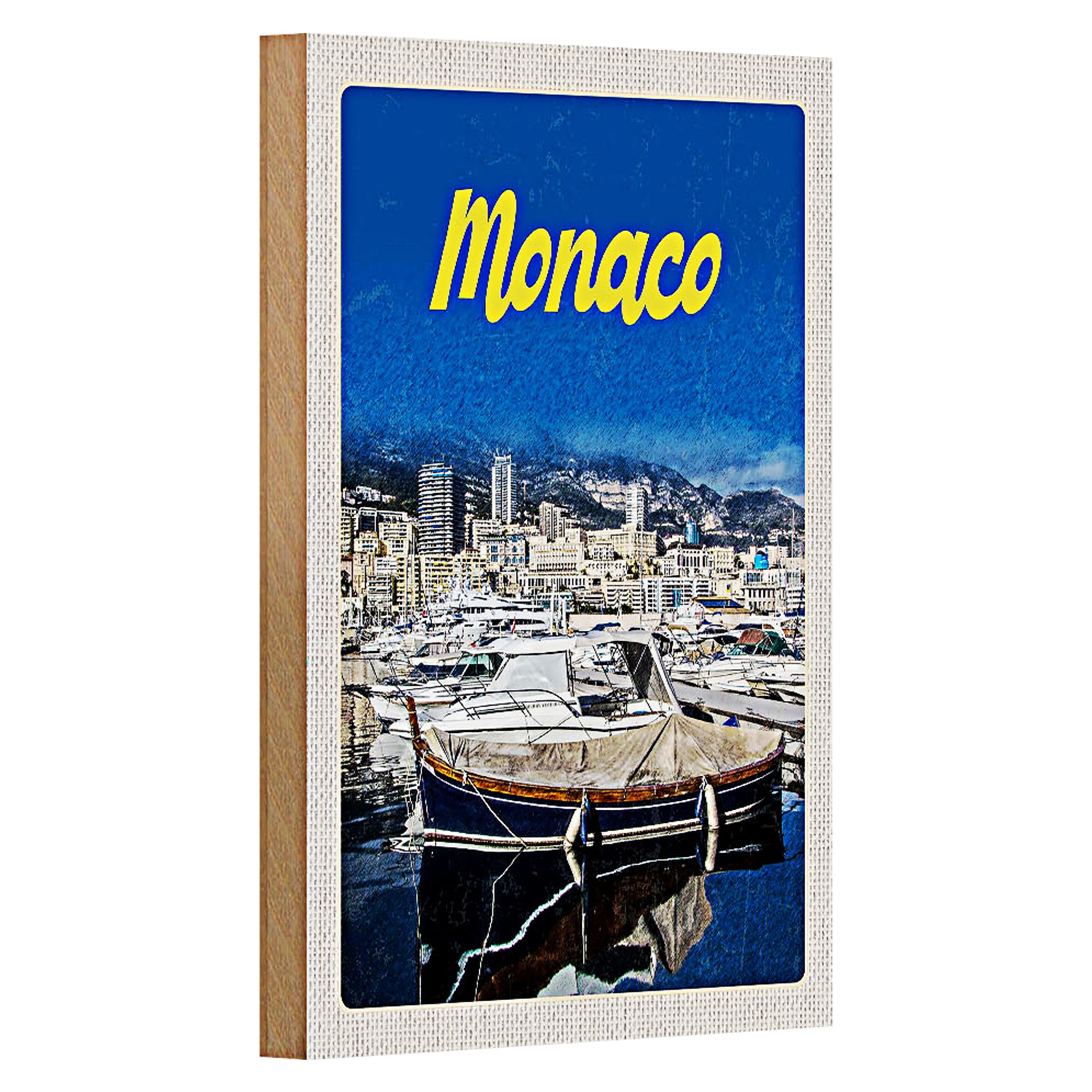 Roomando Holzbild Reise 12x18cm Monaco Frankreich Yacht Strand Meer