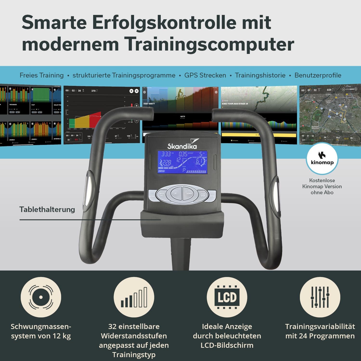 Skandika Heimtrainer Fahrrad Morpheus, Ergometer für Zuhause, Fitnessbike bis 150 kg (Bluetooth, Tablet-/Smartphone-Halterung, Transportrollen), 12kg Schwungmas – Bild 5 von 5