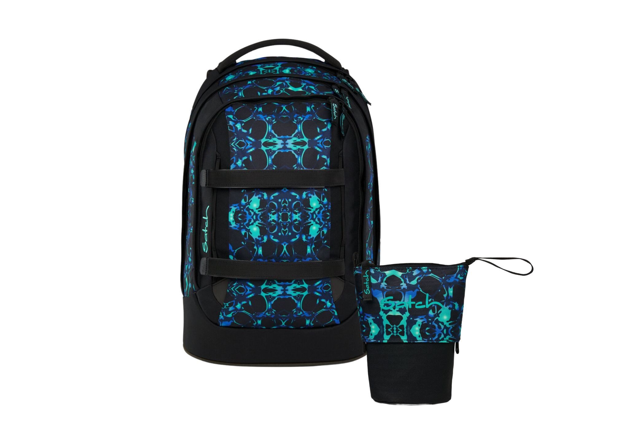 Satch Schulranzen Schulrucksack-Set PACK Caleido Blue 2-teilig (2-teilig), ergonomisch, Your-Size-System: auf Körpergröße anpassbar