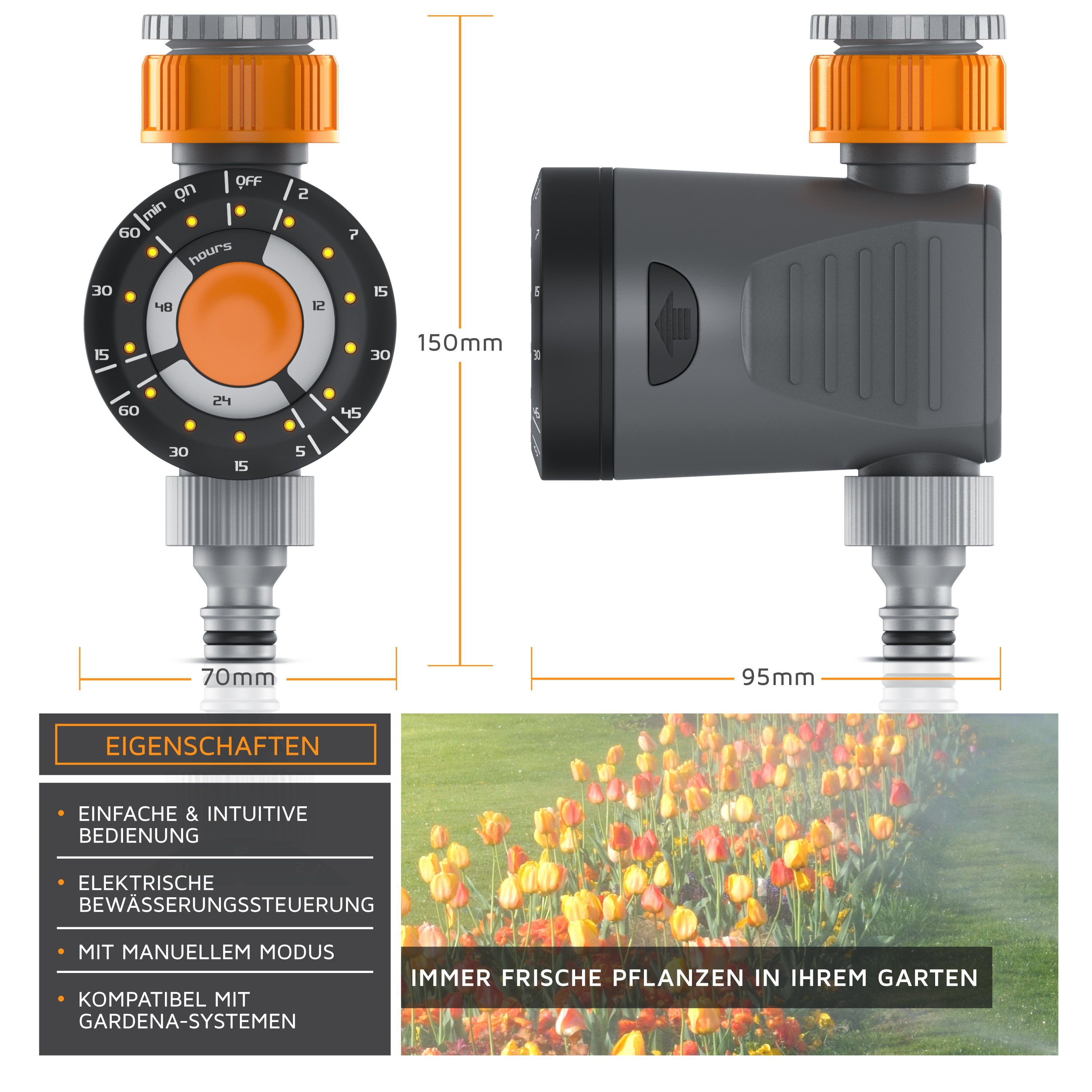 Brandson Bewässerungssteuerung Bewässerungscomputer elektrisch 1/2", Timer, Zyklus Delay Funktion, inkl. 1" Anschlussadapter & Gardena-kompatibler Schnellverschluss