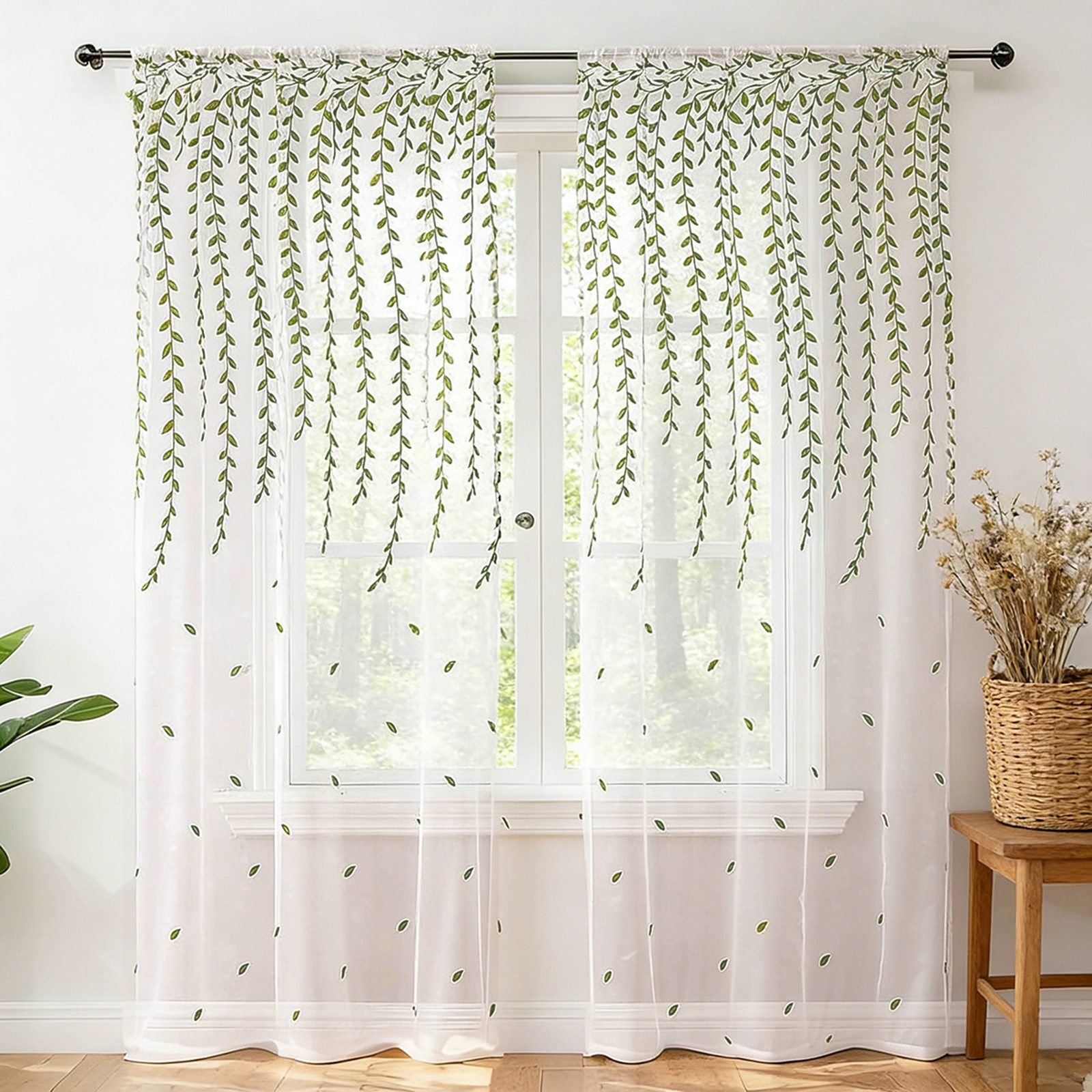 Sunicol Vorhang 2er Set Rankenblatt Bestickt Transparente Gardine Voile für Wohnzimmer, Outdoor Vorhang für Pavillon Terrasse Balkon