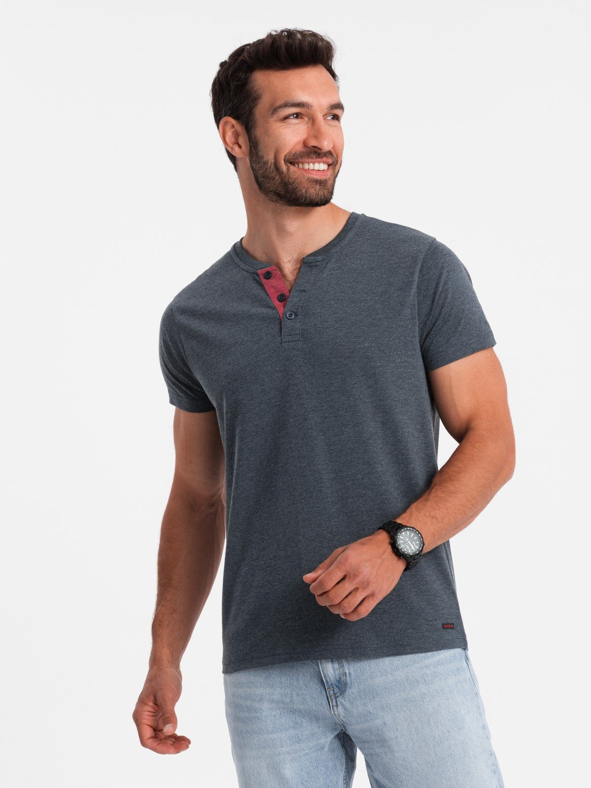 OMBRE T-Shirt Herren-T-Shirt mit rundem Henley-Ausschnitt günstig online kaufen
