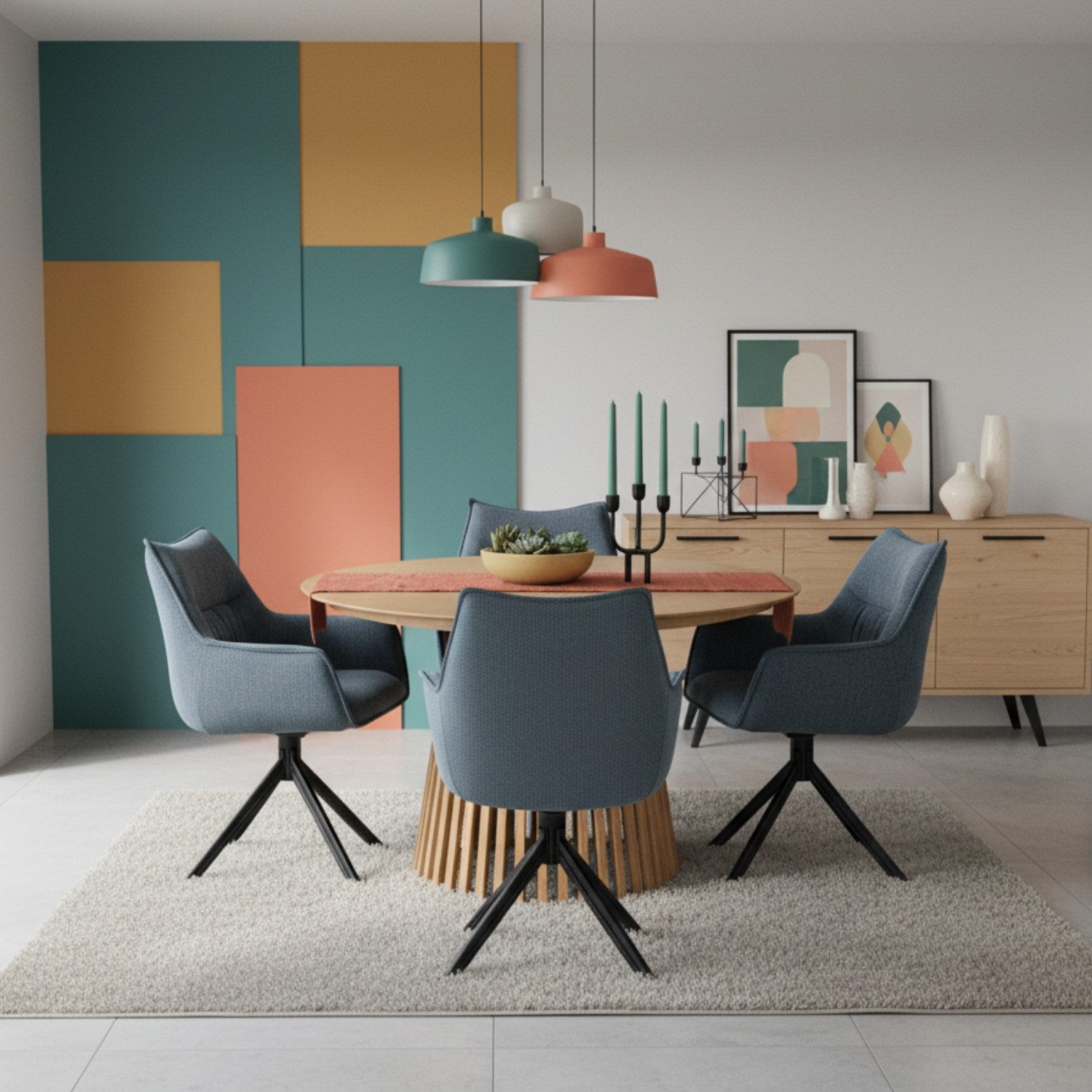 MR.DEKO Esszimmer-Set Diningsessel-Set Ginosa blau 4x & runder Tisch Oria Eiche Ø120 cm, (Essgruppe 5-teilig – Tisch & 4 drehbare Esszimmerstühle, 5-St), Runder Holztisch Ø120 cm Eichenfurnier & 4 drehbare Polsterstühle