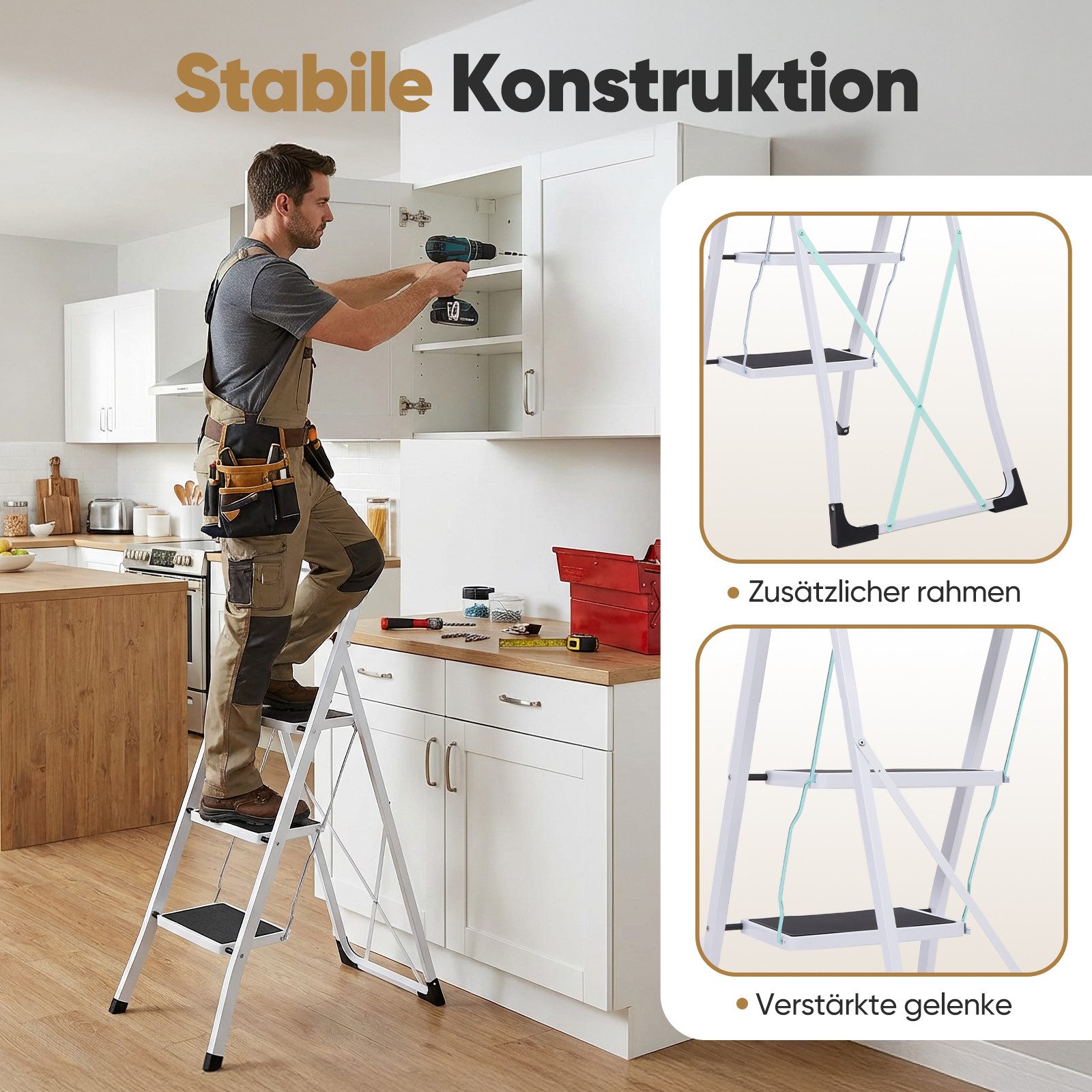 Sekey Trittleiter klappleiter 2 stufen / 3 stufen, bis 150 kg belastbar, Haushaltsleiter 3 stufen mit rutschfesten Stufen, Lock-Klappsperre
