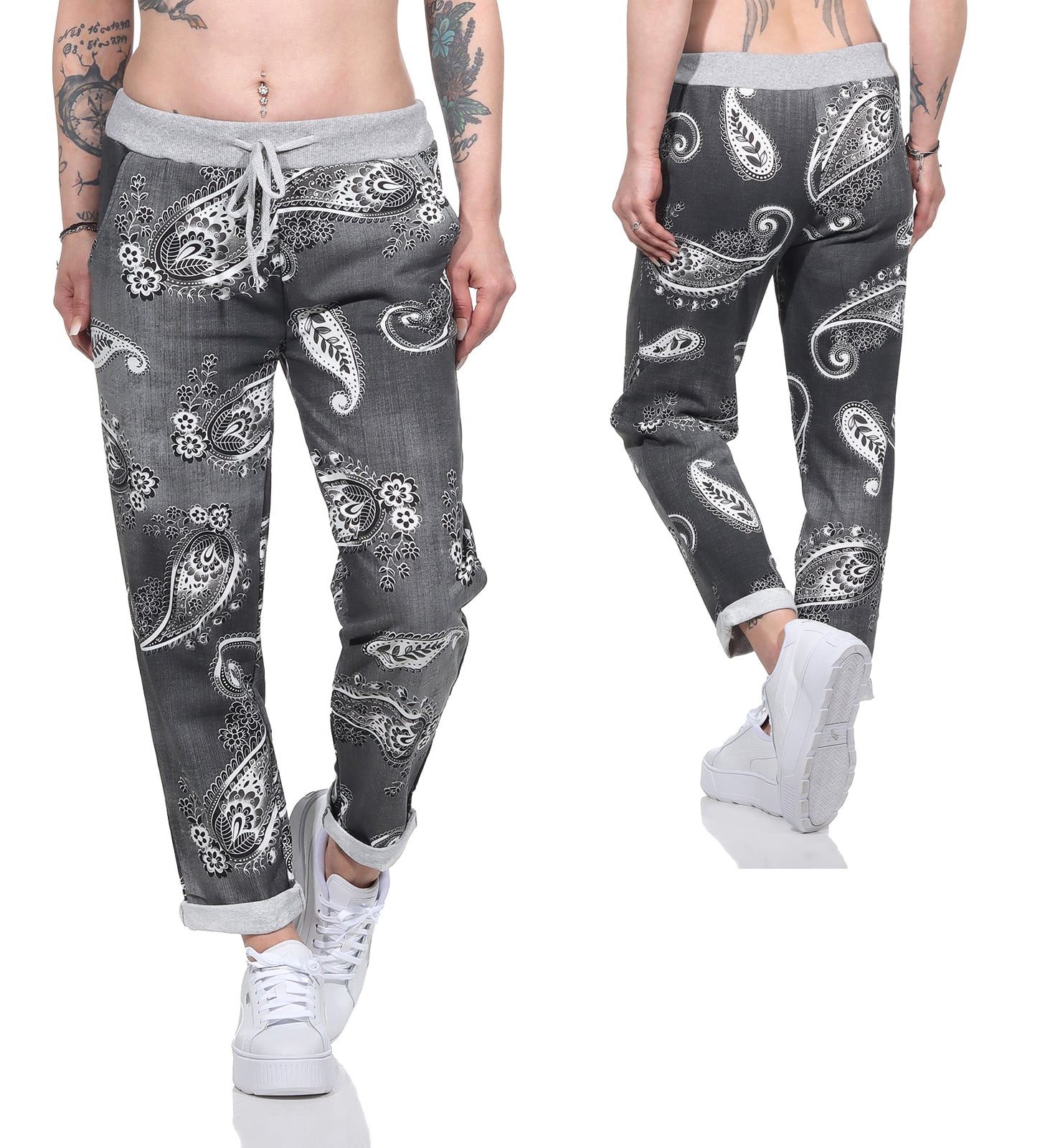 Aurela Damenmode Sweatpants Freizeithose leichte Damen Haushose in moderner Jeansoptik Größe 36-46, mit elastischem Bund und Schnürung