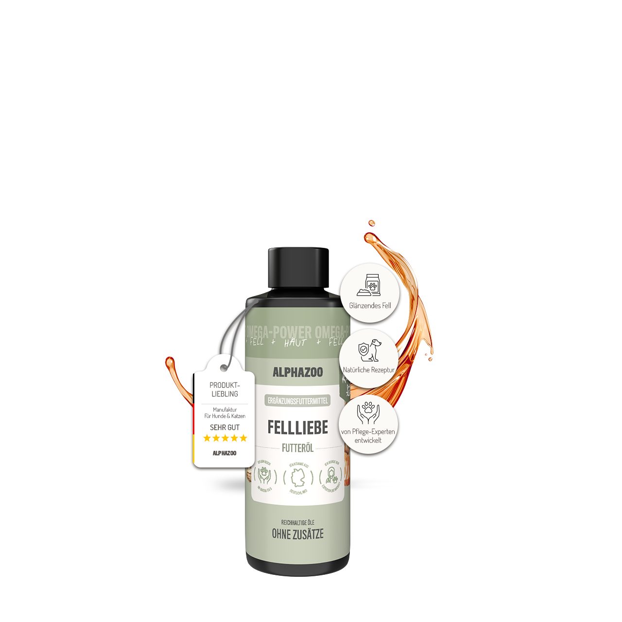 ALPHAZOO Fellliebe Futteröl für Katzen 100 ml, Haut und Fell Futteröl mit Omega-3, Ergänzungsfutter für: Katzen, Premium Ölmischung mit Lachsöl für glänzendes Fell von ALPHAZOO