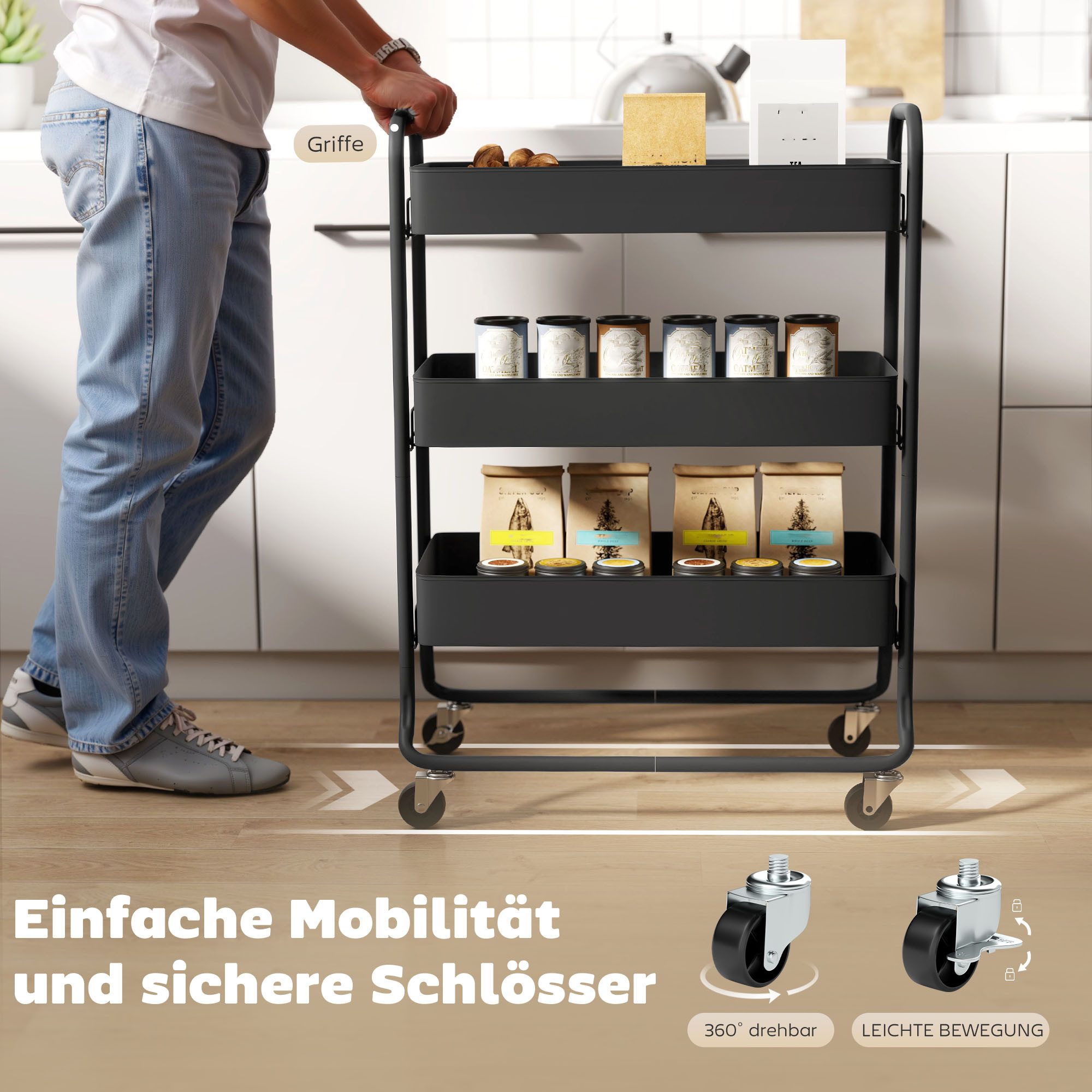 HOMCOM Küchenwagen Rollwagen mit 3 Ebenen Servierwagen mit Körbe Griff, (Servierwagen, 1 St., Rollwagen), für Küche Bad Büro Wohnzimmer Schwarz – Bild 5 von 5