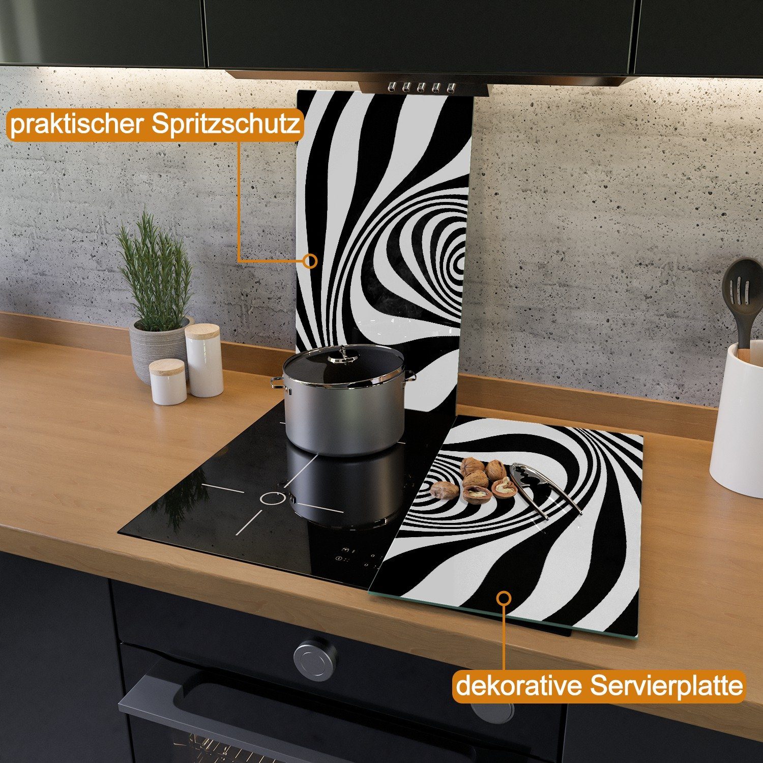 Wallario Herd-Abdeckplatte Optische Täuschung - Zebra Muster - schwarz weiß, ESG-Sicherheitsglas, (Glasplatte, 2 tlg., inkl. 5mm Noppen), verschiedene Größen