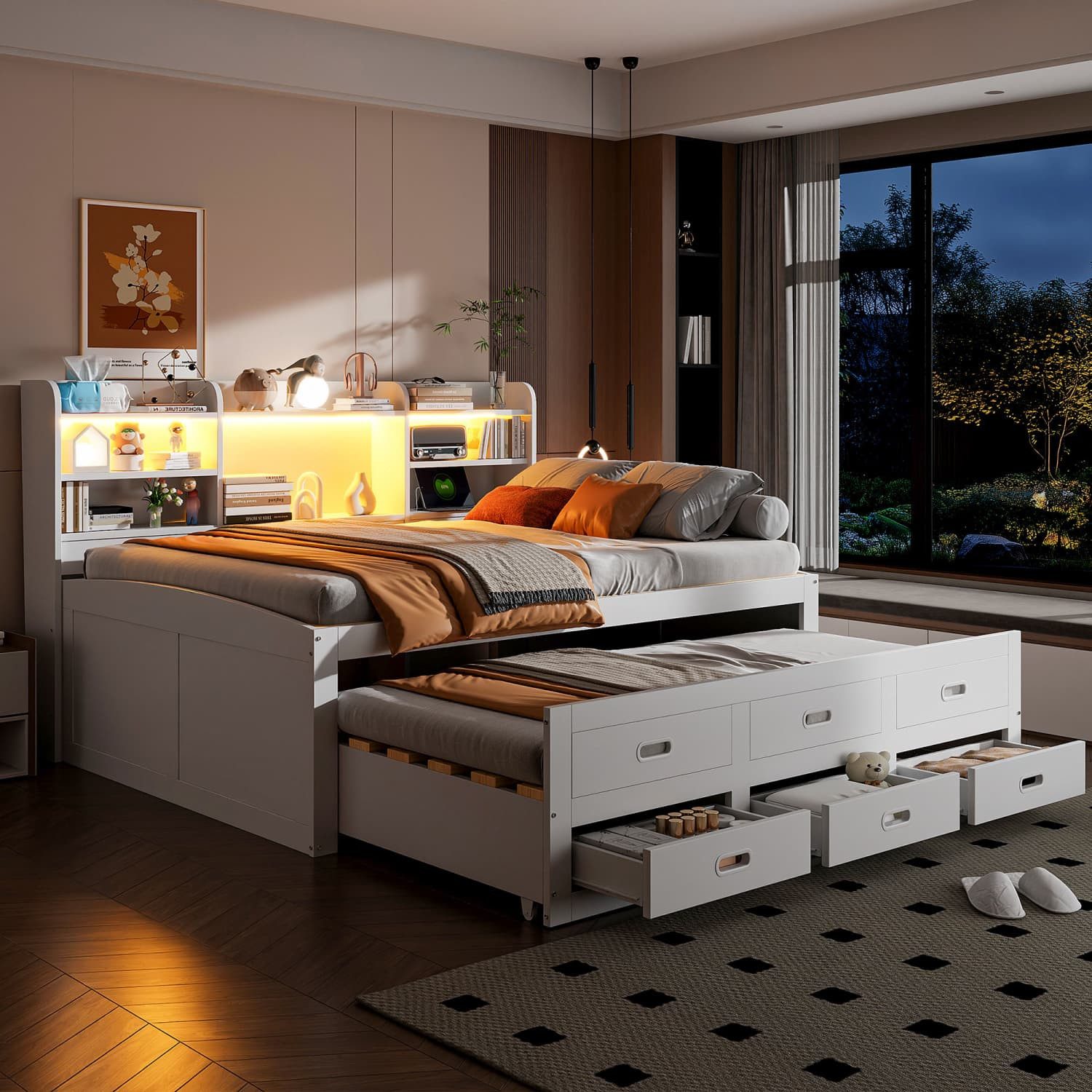 autolock Schlafsofa Schlafsofa,Daybett,Tagesbett,140x200cm,Led-fernbedienung,3 schubladen, Nachttischablage, Multifunktionales ausziehbares Bett mit usb+type-c