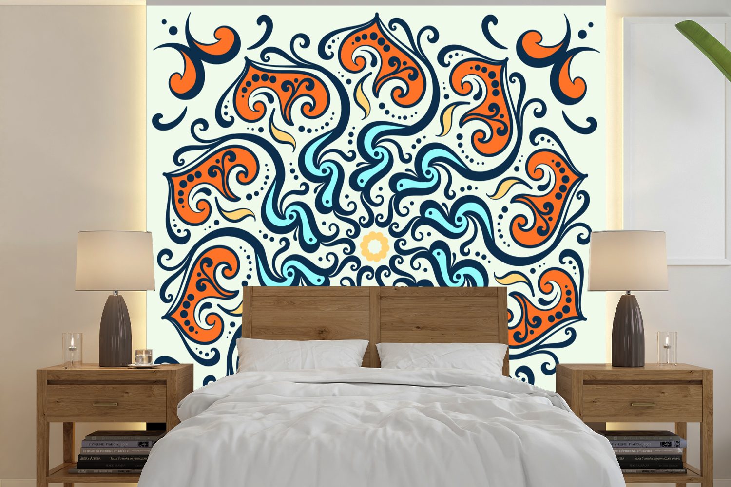 MuchoWow - Matt, Vinyl Tapete bedruckt, St), oder Mandala Wandtapete Muster, Blau (5 Schlafzimmer, Orange - - Wohnzimmer Fototapete für