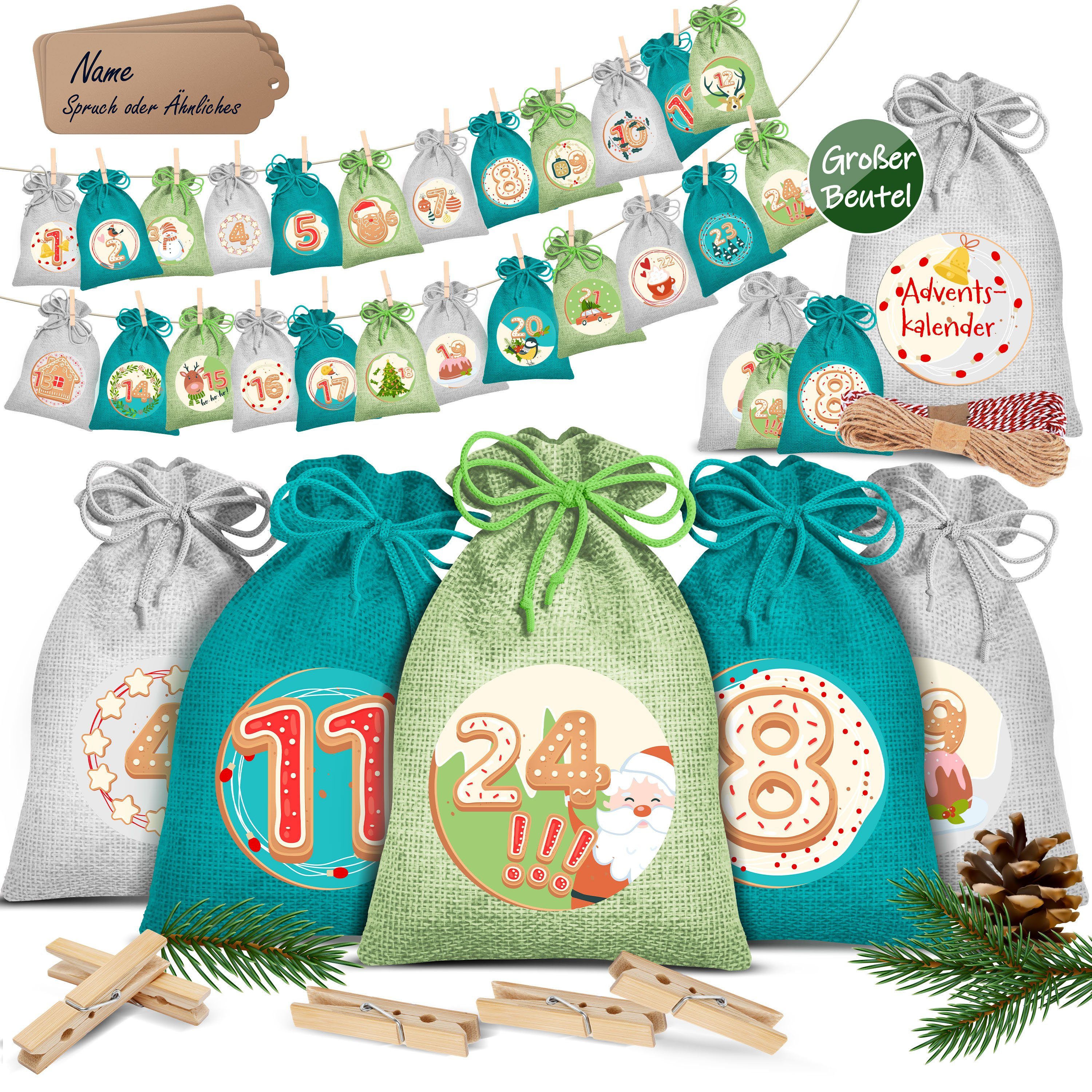 KESSER Adventskalender, Adventskalender zum Befüllen 24 Jutebeutel Stoffbezug gedruckt