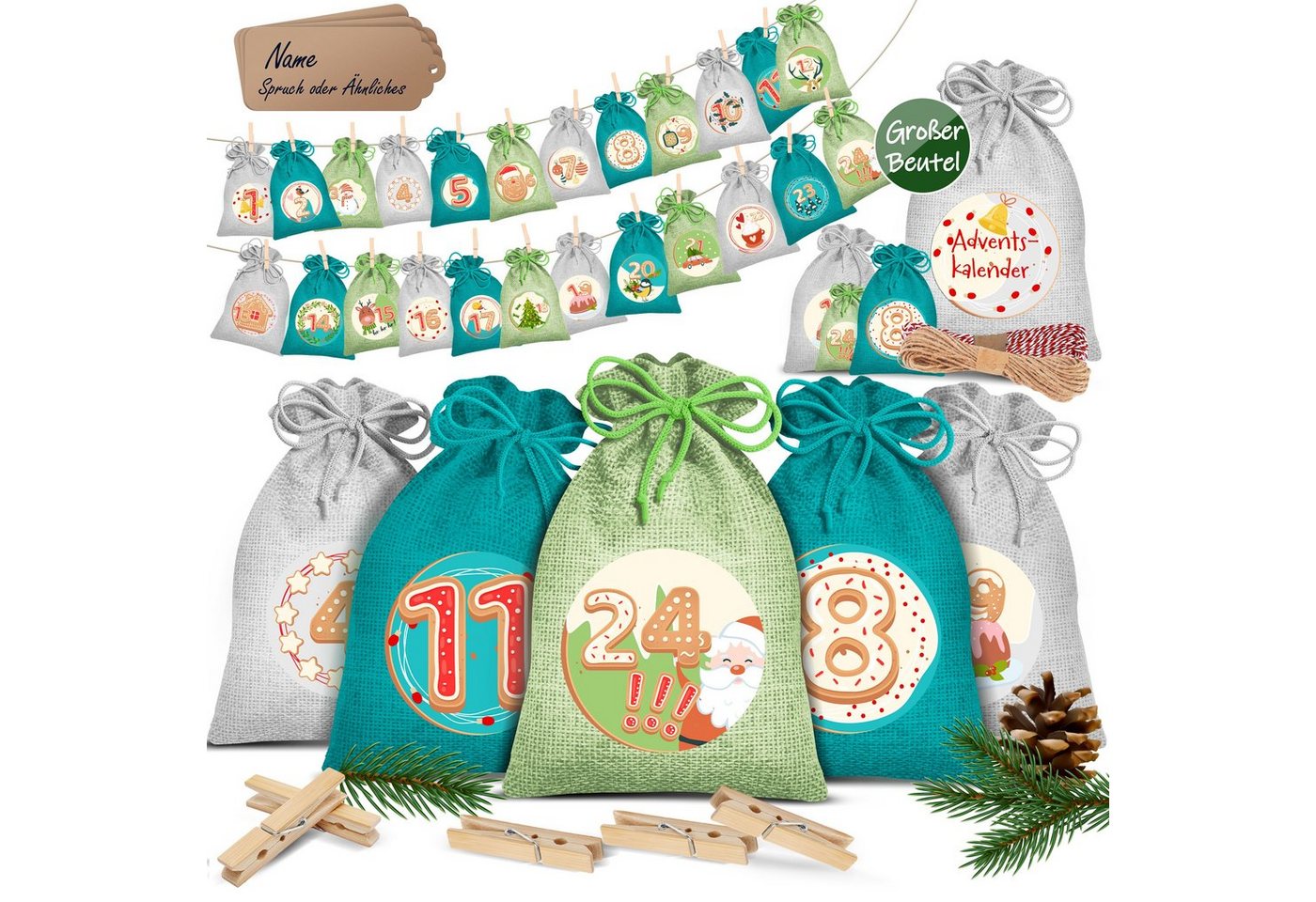 KESSER Adventskalender, Adventskalender zum Befüllen 24 Jutebeutel Stoffbezug gedruckt