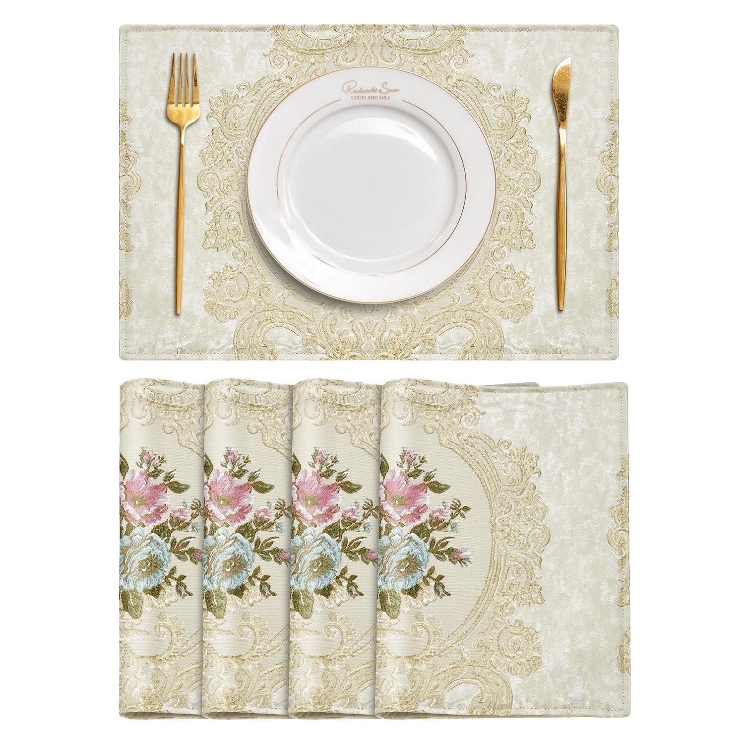 LuxusKollektion Platzset Platzsets 4er Set Beige Blumenmuster 30x45cm, (4-St)