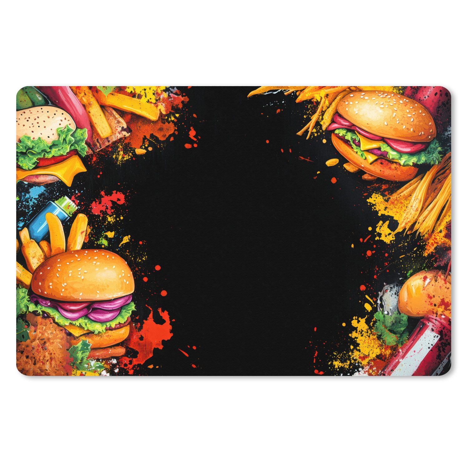 MuchoWow Mauspad Fastfood - Graffiti - Hamburger - Lebensmittel - Modern (1-St), Mousepad XXL für Tastatur und Maus, Gaming Setup, Desk Mat, 120x80 cm