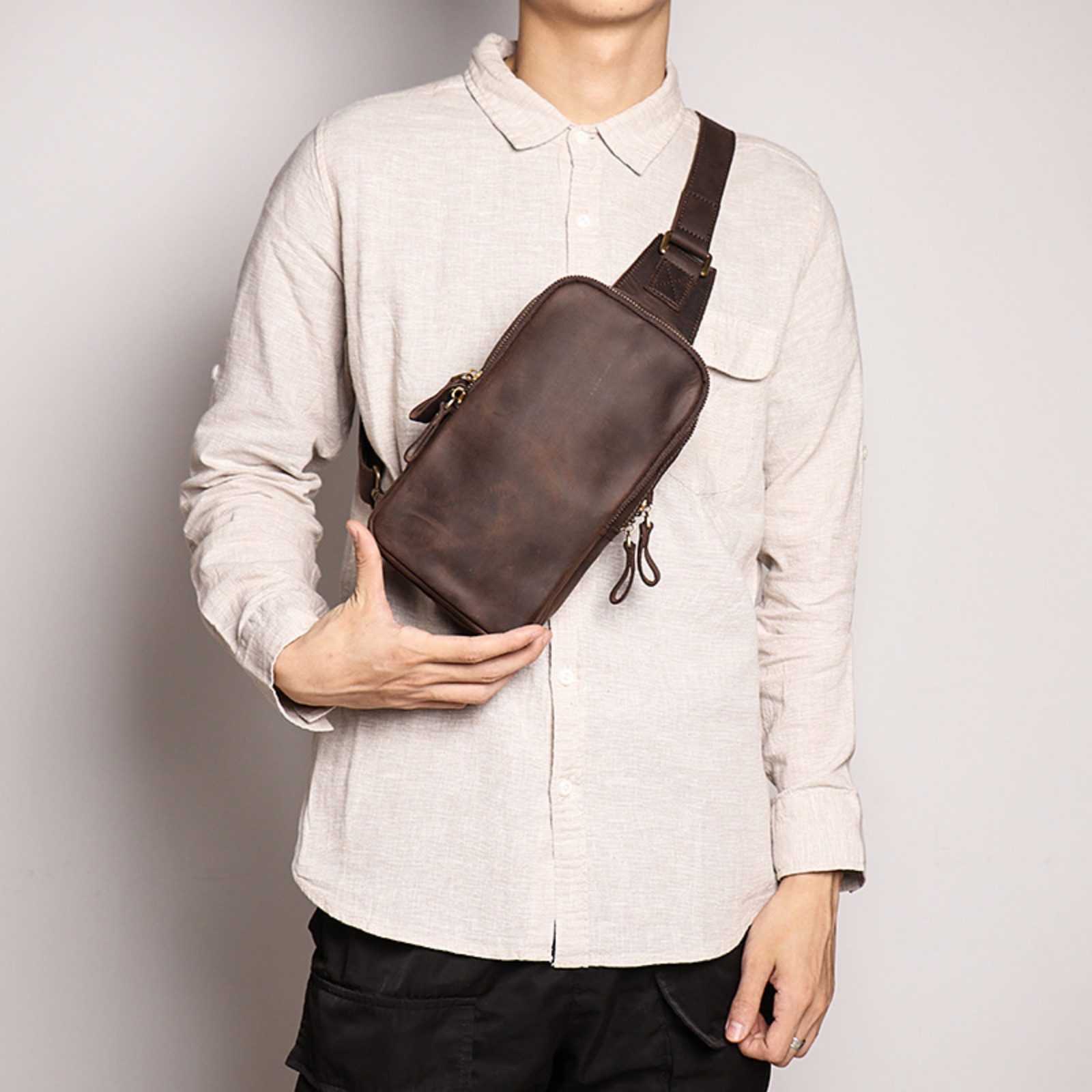 YUBRO-STUDIO Messenger Bag Herren Brusttasche Leder günstig online kaufen
