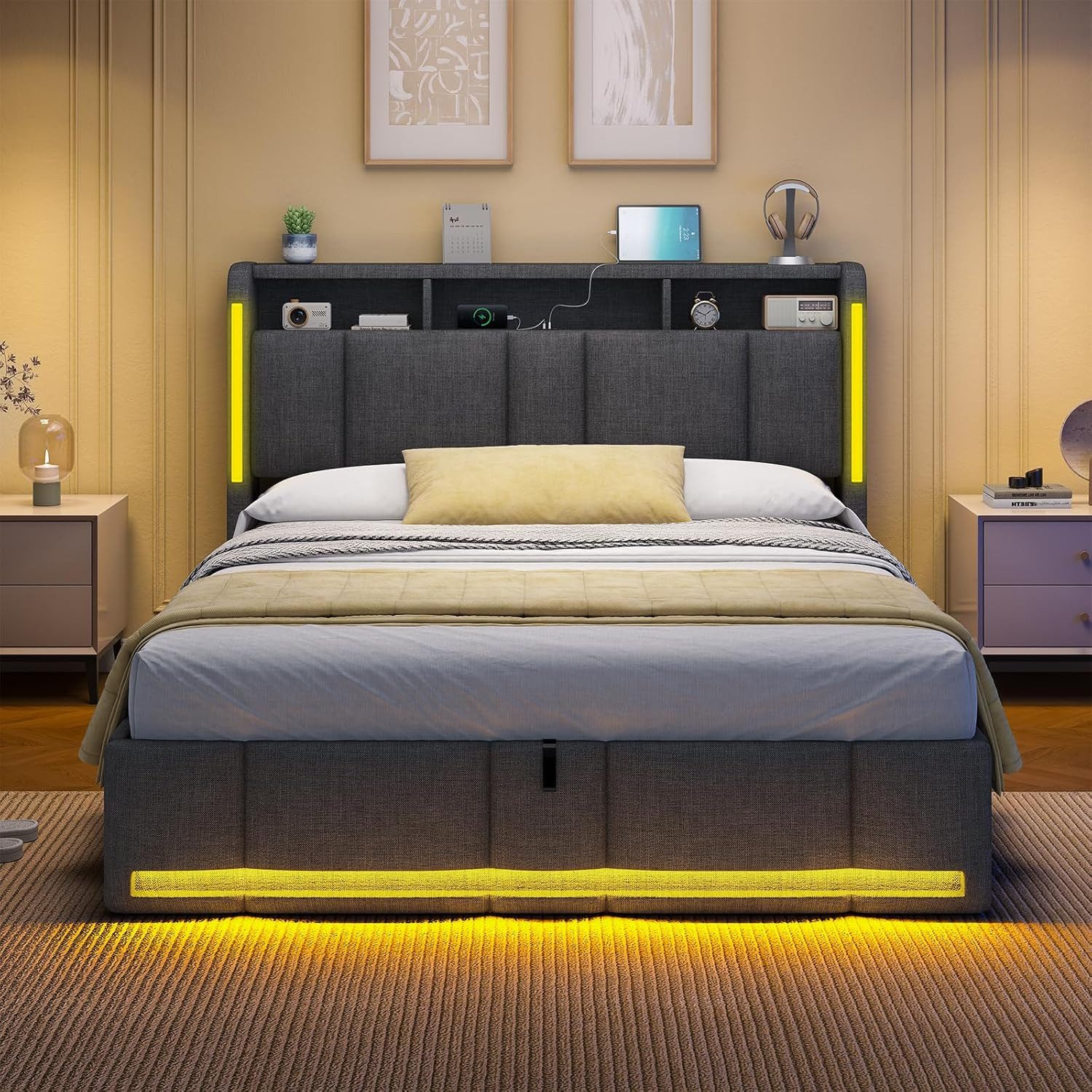 MSMASK Polsterbett Hydraulischem Stauraumbett mit LED Beleuchtung & Steckdosen (1-tlg., Ohne Matratze), Reichlich Lagerplatz unter dem Bett & am Kopfteil, 140x2 – Bild 4 von 5
