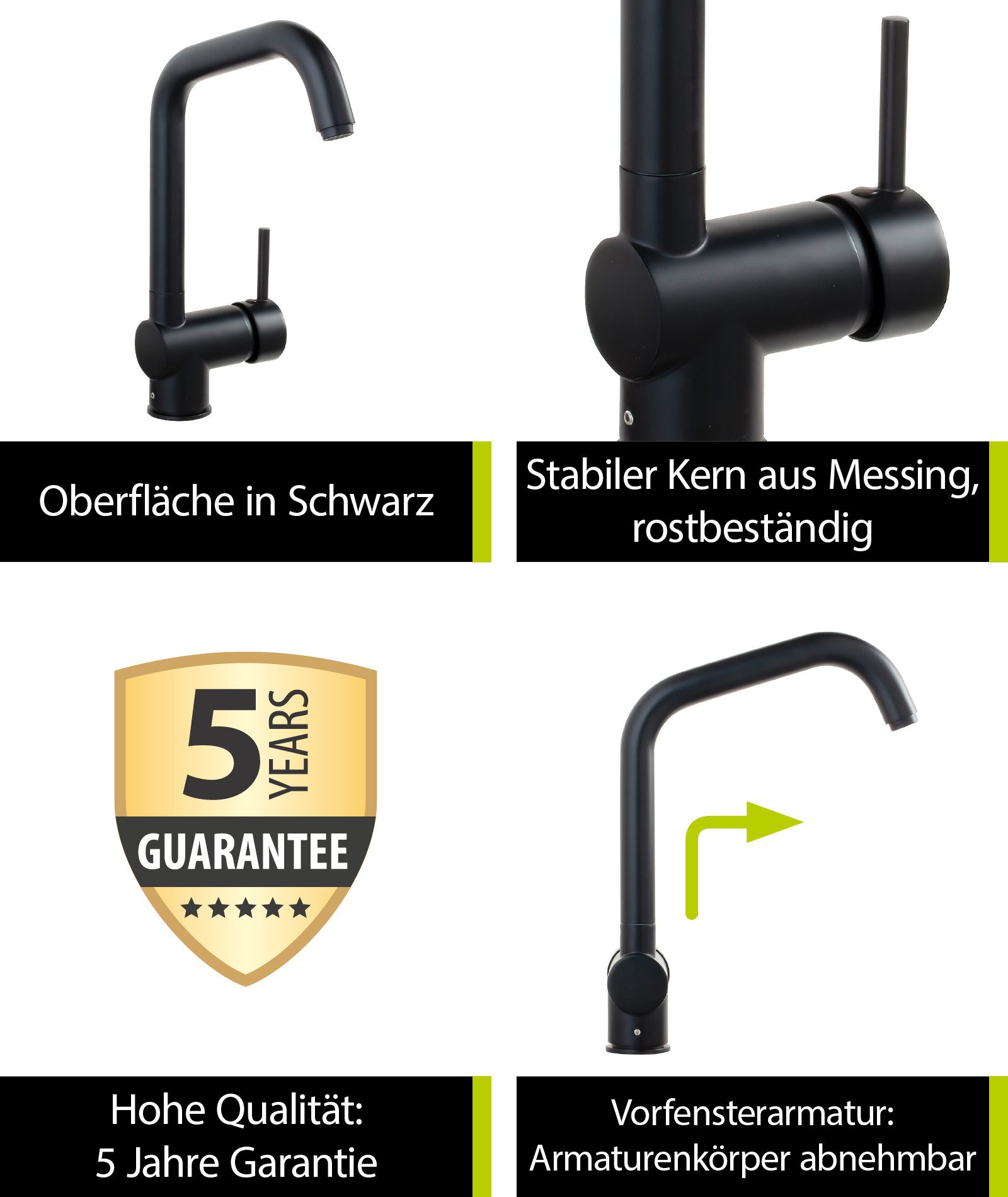 aquaSu Spültischarmatur Larina Vorfensterarmatur, Schwarz, herausnehmbar, schwenkbar, hoher Auslauf
