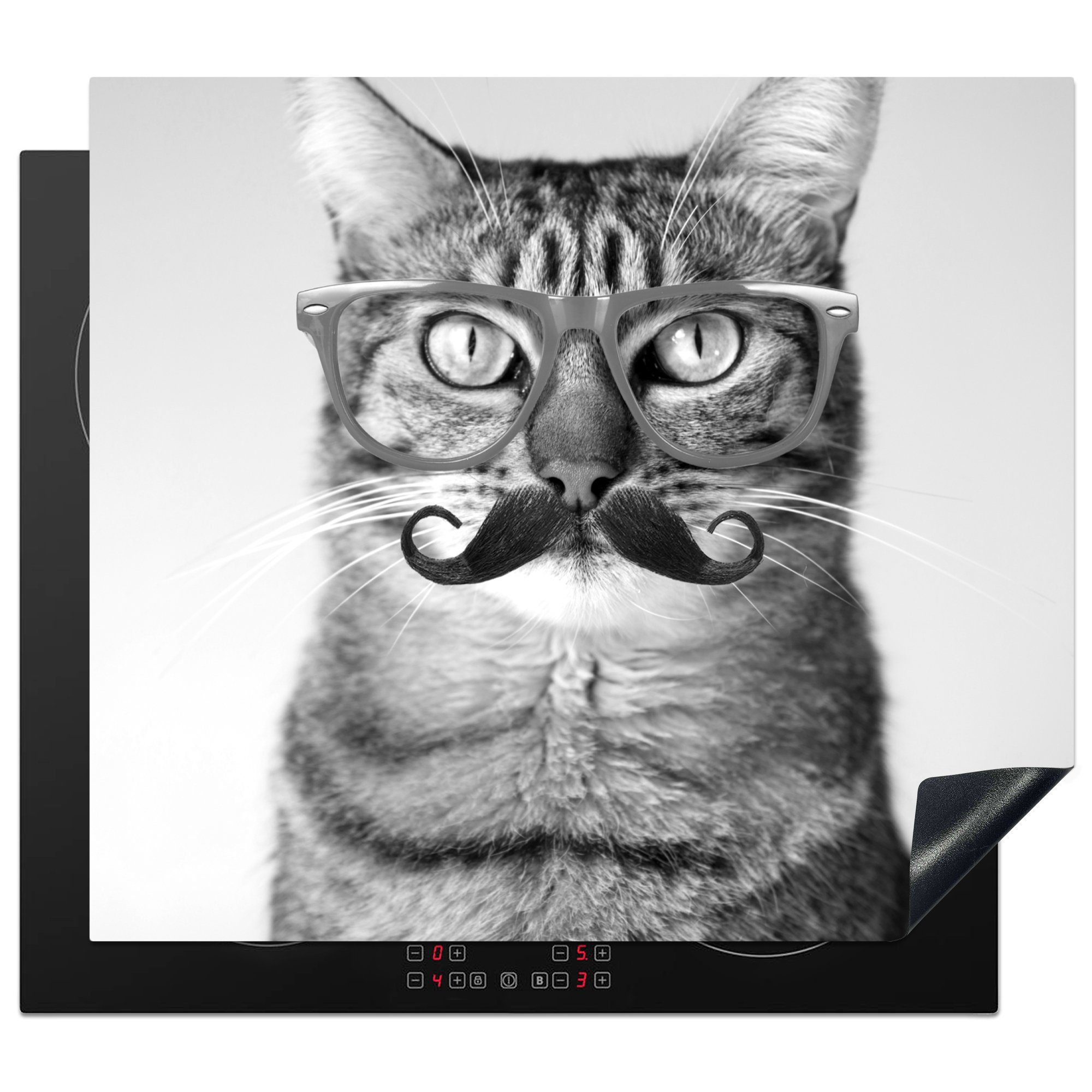 MuchoWow Herdblende-/Abdeckplatte Eine Zypressen-Katze mit nutzbar, cm, Ceranfeldabdeckung (1 und tlg), blauer Hipster-Schnurrbart Brille -, Vinyl, Mobile 60x52 Arbeitsfläche