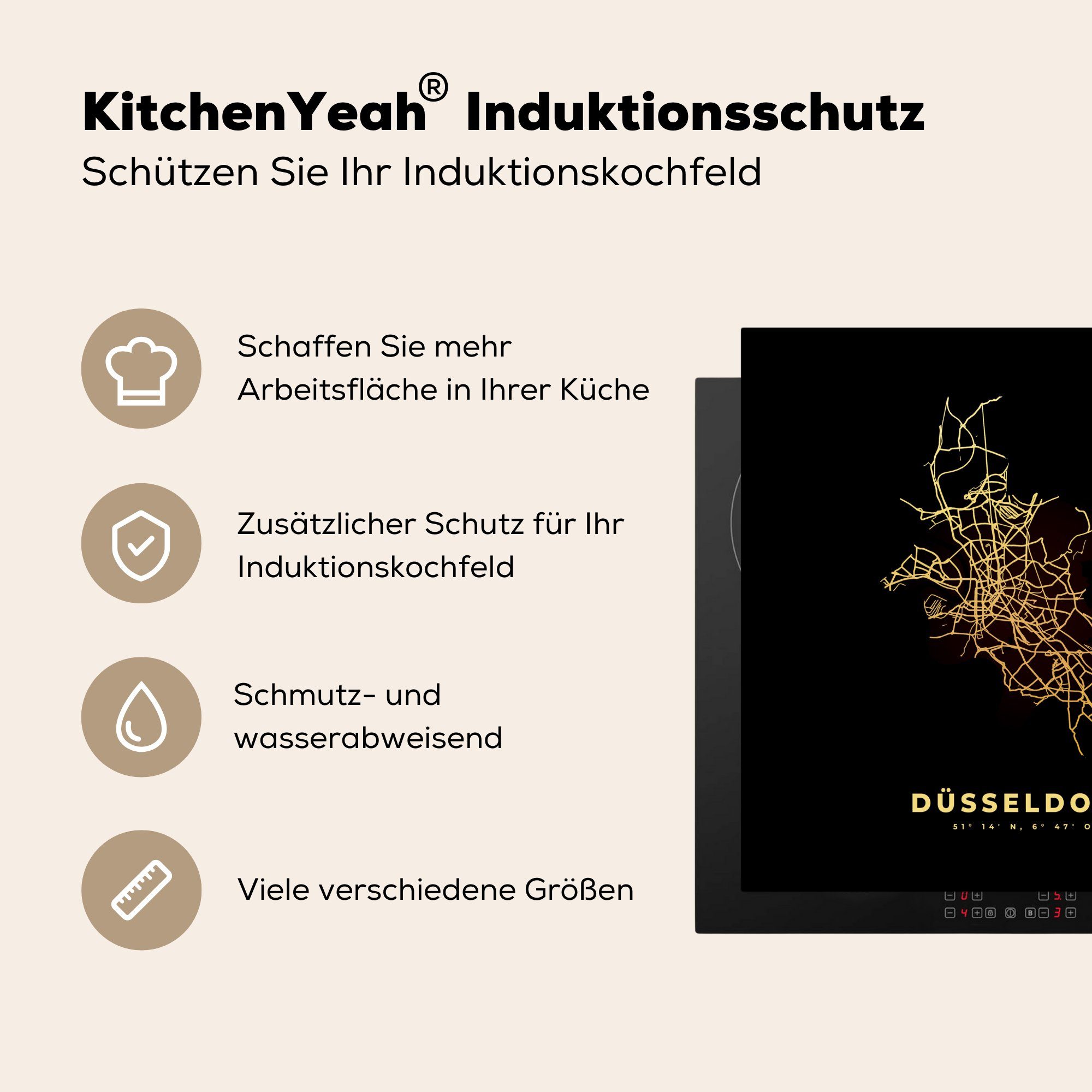 MuchoWow Herdblende-/Abdeckplatte Stadtplan für - küche Vinyl, - Düsseldorf Ceranfeldabdeckung, 78x78 tlg), Karte, cm, (1 - Arbeitsplatte Gold