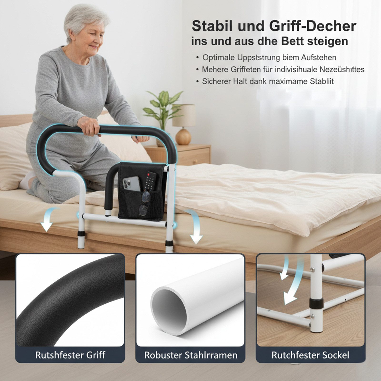 JOYOLEDER Bett - Aufstehhilfe Bettaufrichter für Senioren mit Tasche, Aufrichthilfe, Bettgriff, Bett Einstiegshilfe