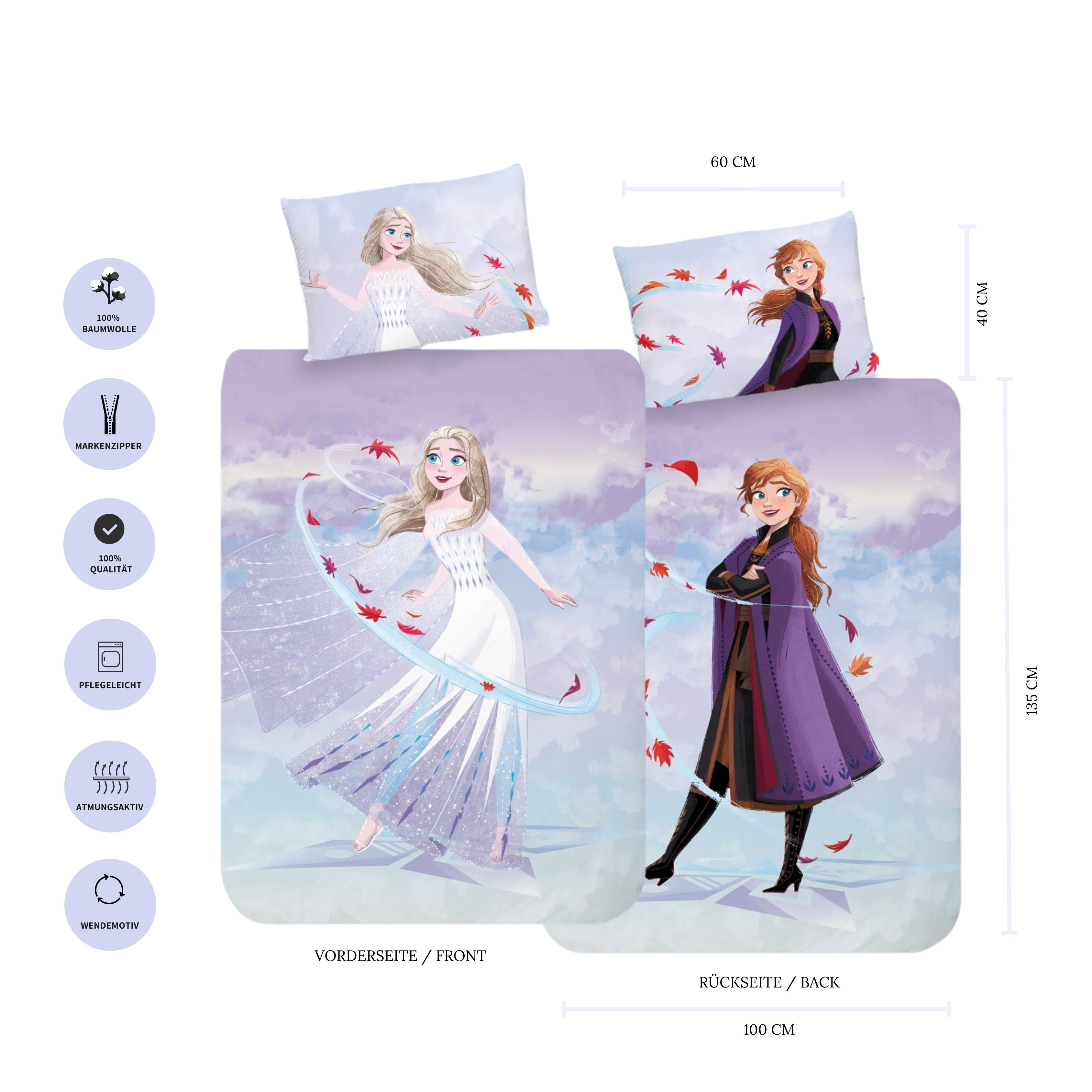 MTOnlinehandel Babybettwäsche Frozen Die Eiskönigin, Renforcé in 100x135 + 40x60 cm, 100% Baumwolle, 2 teilig, Disney, Mädchenbettwäsche mit Anna & Elsa