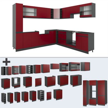 Livinity® Winkelküche R-Line, Rot/Anthrazit, 257 x 277 cm J-Shape, AP Eiche