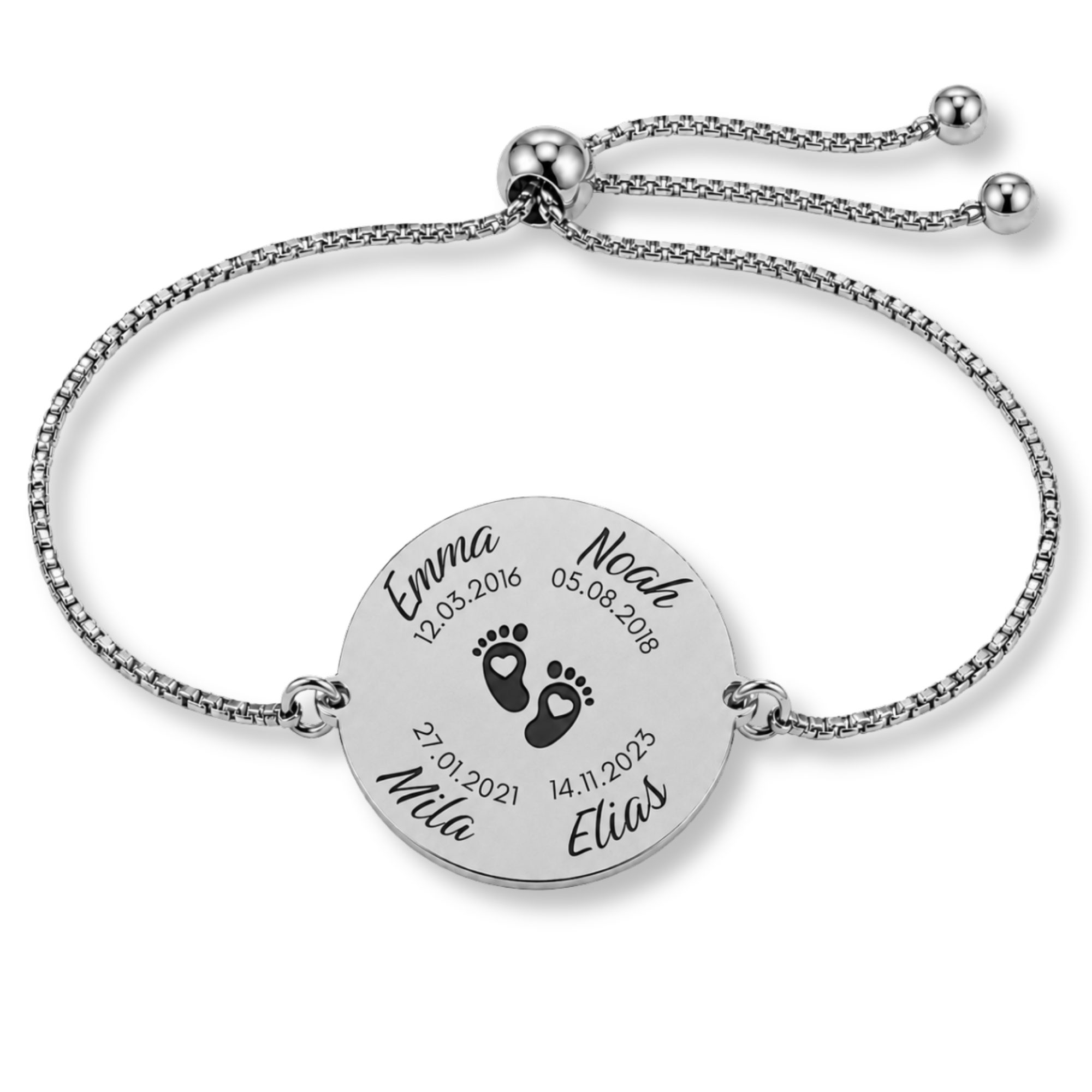 BS Schmuckdesign Armband mit Gravur Familienarmband mit Kindernamen Namensarmband größenverstellbar (1-tlg., personalisiert), größenverstellbar