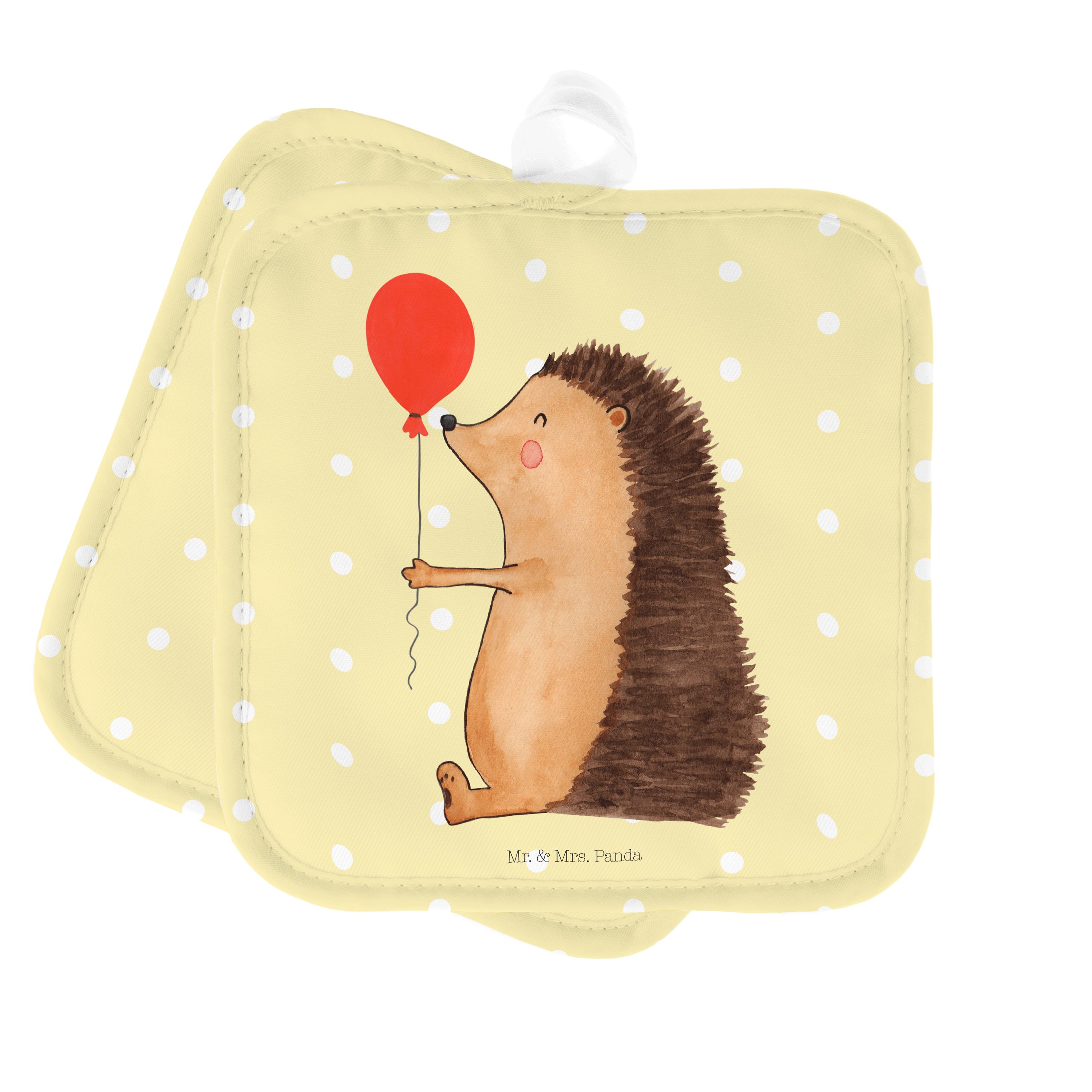 Mr. & Mrs. Panda Topflappen Igel mit Luftballon - Gelb Pastell - Geschenk, Geburtstagskind, Gute, (1-tlg)