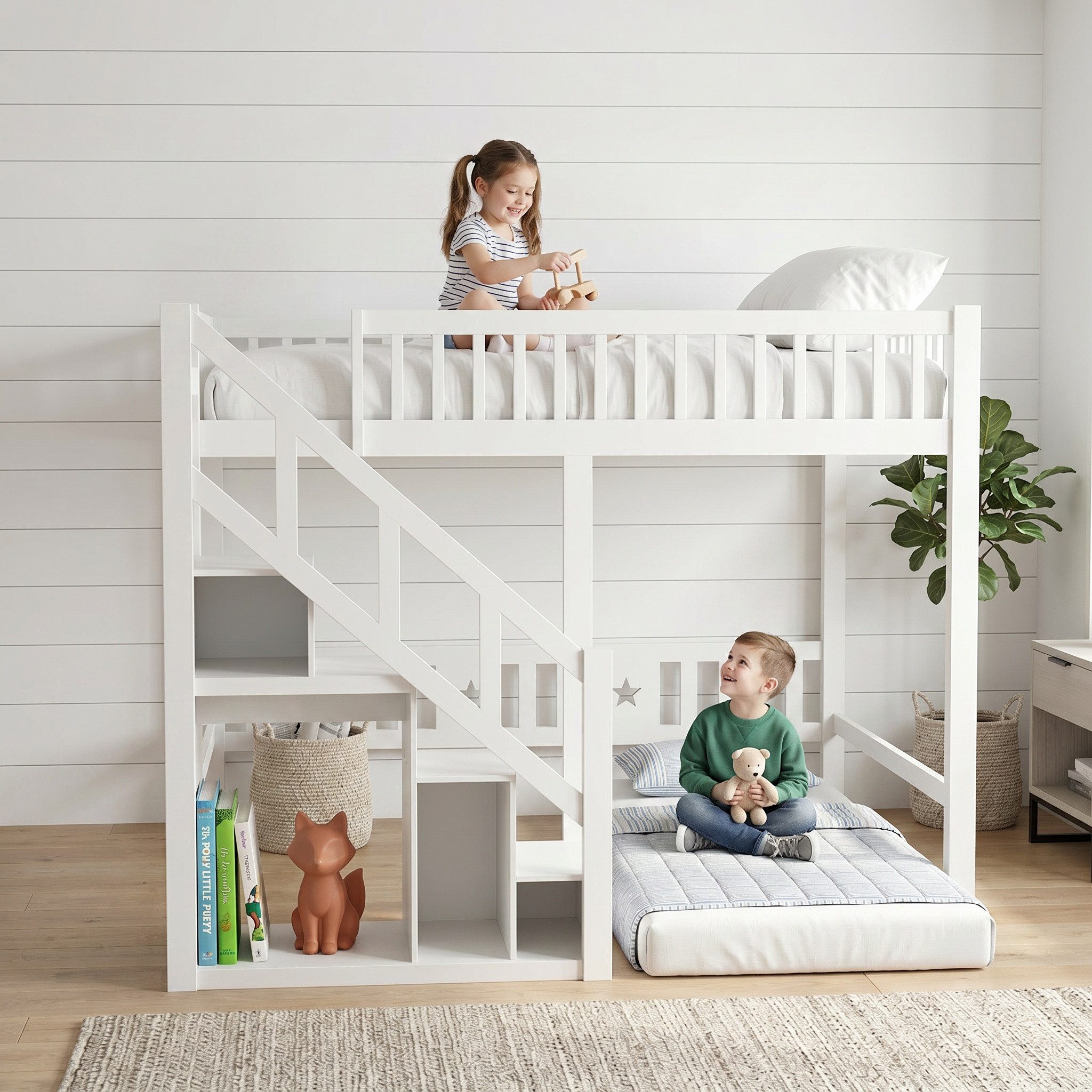 Gdood Hochbett Hochbett Stauraumbett Doppelbett (1-St., Inkl. Lattenrost, Absturzsicherung) Holzbett Mit Treppe, Erholungsgebiet, Stauraum, 90x200 cm