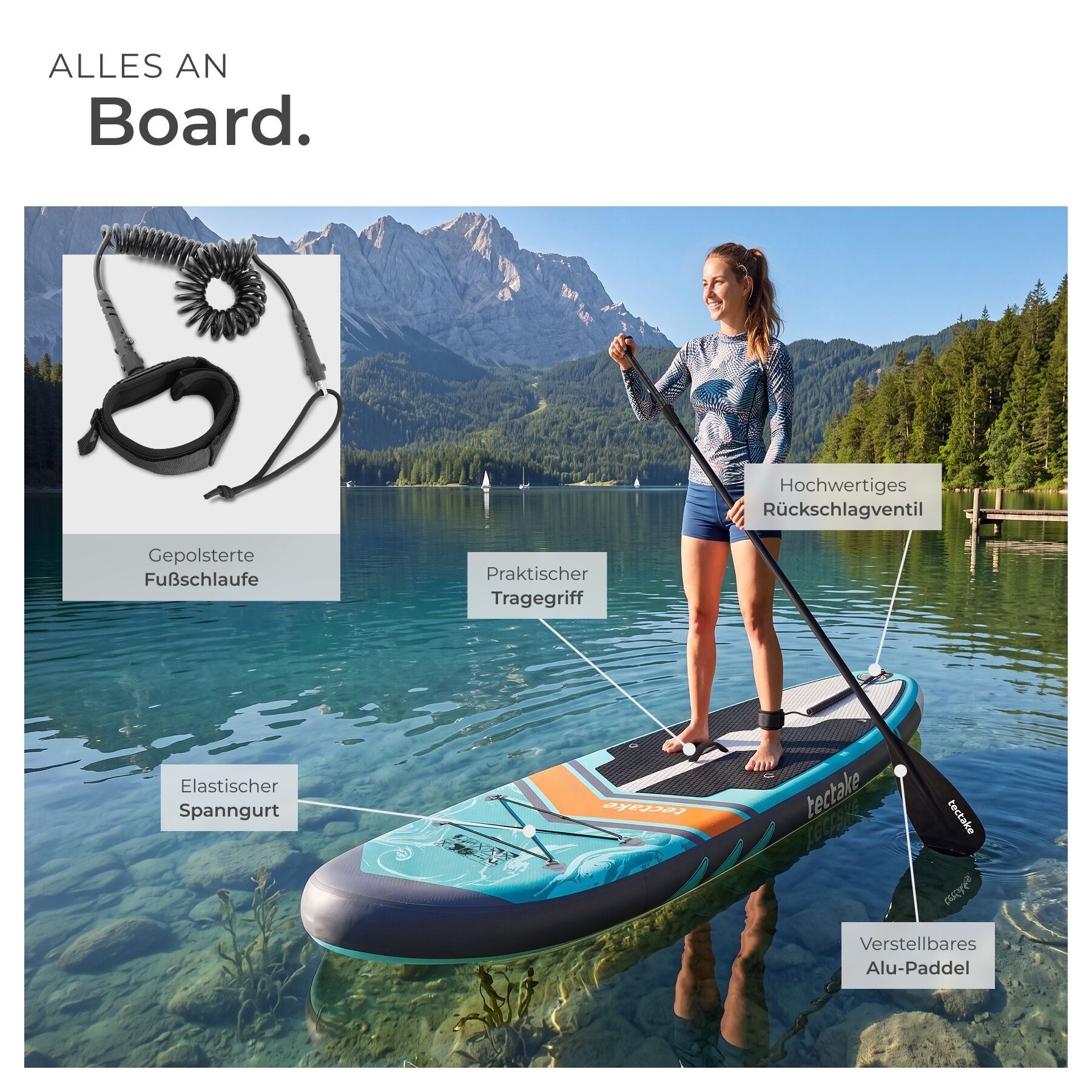 tectake SUP-Board Aufblasbares Paddle Board 288 cm, Drop-Stitch, Kajak-Sitz, Stand-up Paddle, (Sup Board Mit Sitz Palagios, in Türkis/orange), Inkl. verstellbares Doppelpaddel und rutschfestes EVA-Deck