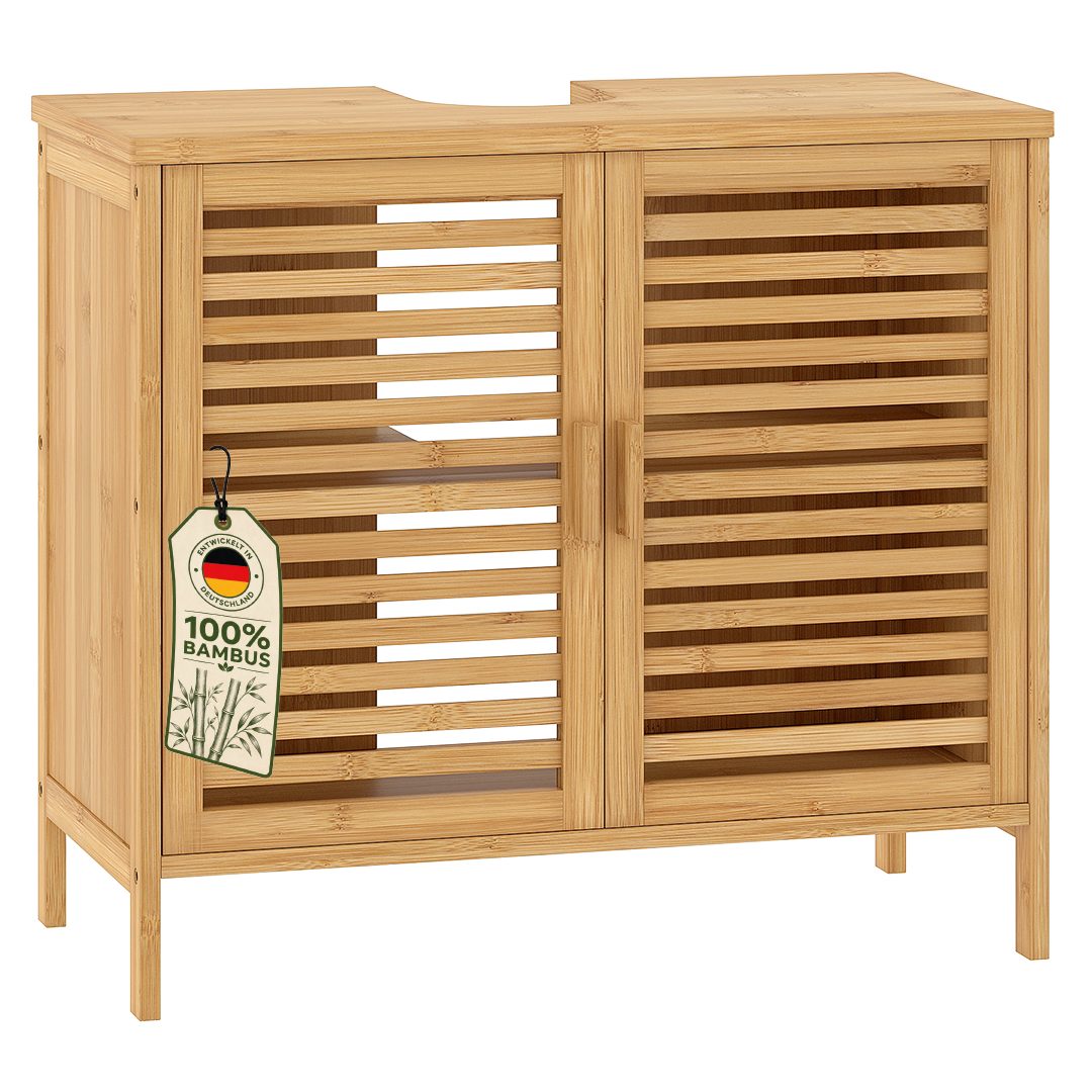 Bellamio Waschbeckenunterschrank Newa, Badezimmerschrank mit zwei Ablagefächern (mit Flügeltüren, 1-St) aus natürlichem Bambus, robst und langlebig