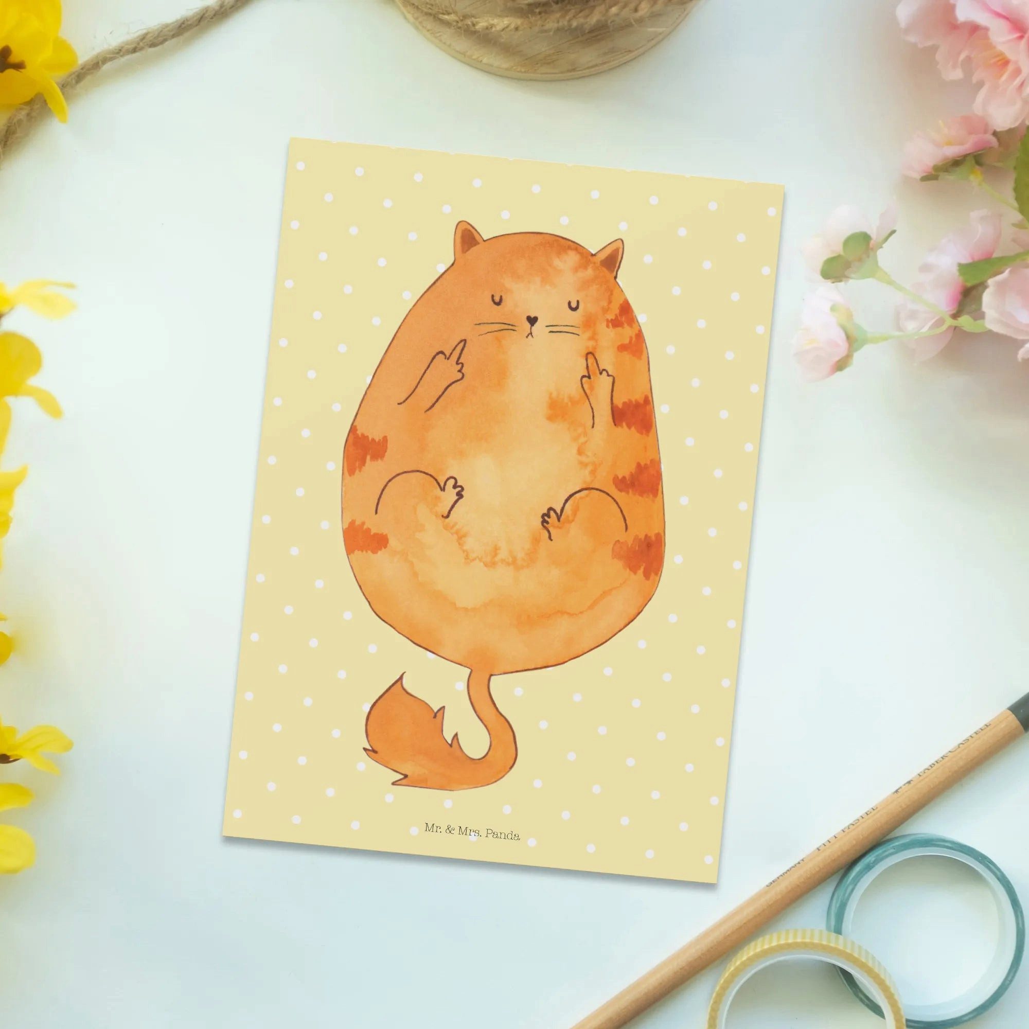 Thumbnail - Mr. & Mrs. Panda Postkarte Katze Mittelfinger - Gelb Pastell - Geschenk, Einladung Geburtstag, A, Hochglanzveredelt