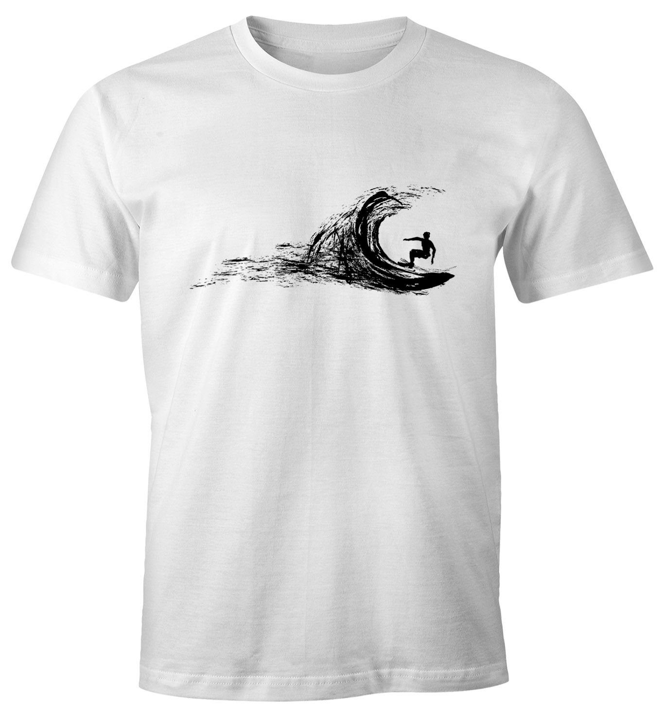 Neverless Print-Shirt Herren T-Shirt Surfer surfing surfen Surfboard Wave Welle Wellenreiten Urlaub Meer Ozean Surfer Boy Silhouette Slim Fit Neverless® mit Print weiß