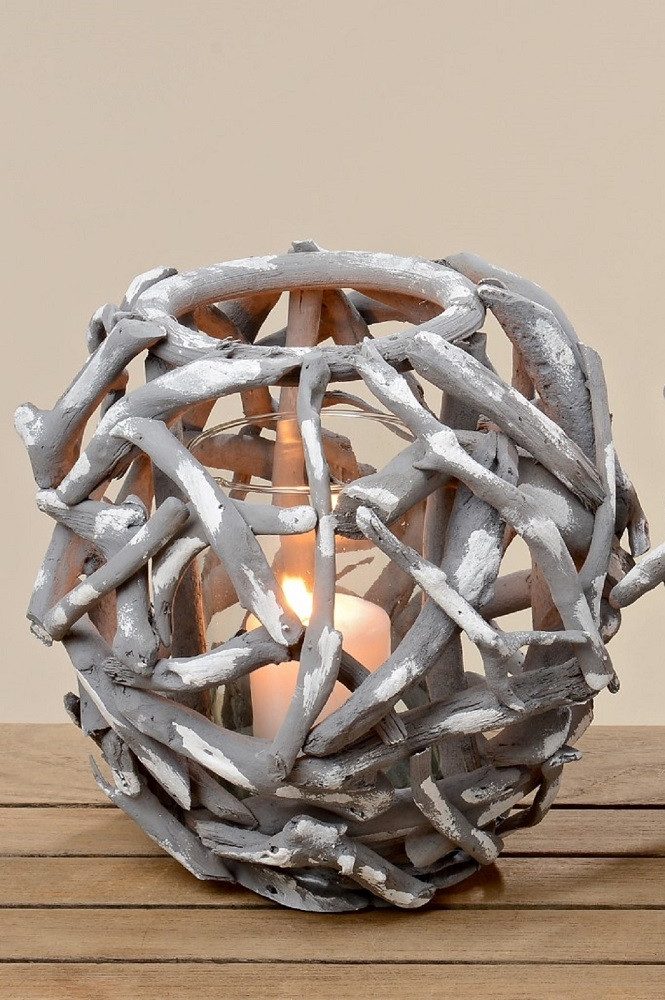 BOLTZE GRUPPE GmbH Windlicht Windlicht MaluTeelicht Holzstücke Glaseinsatz grau H 25cm Ø 25cm