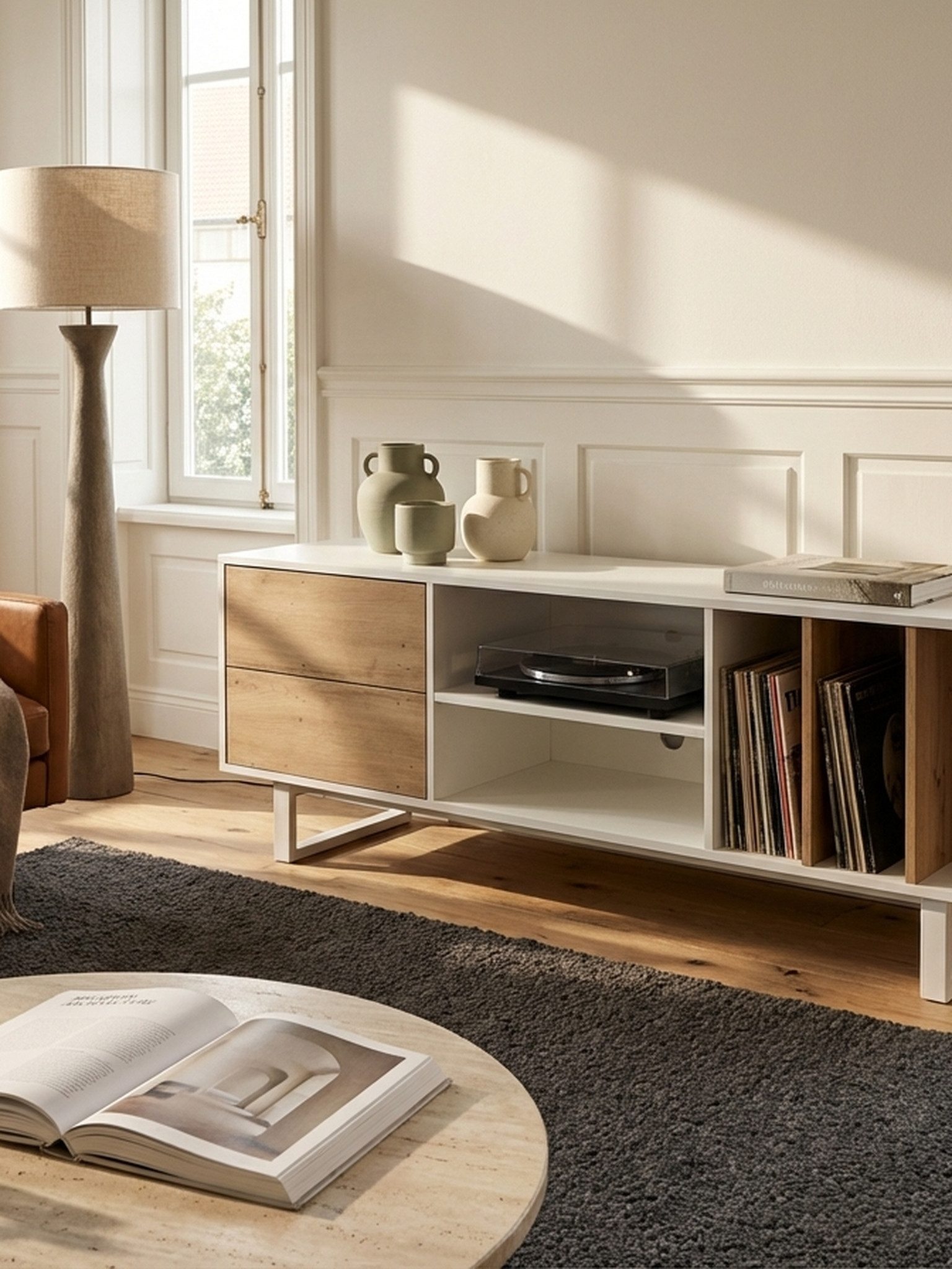 KADIMA DESIGN Lowboard Lowboard Weiß mit Eiche-Dekor 150x55x40 cm TV-Kommode Modern, Design (Fernsehkommode Wohnzimmer), TV-Schrank Hoch, Fernsehtisch Fernsehschrank mit Schubladen & Regal
