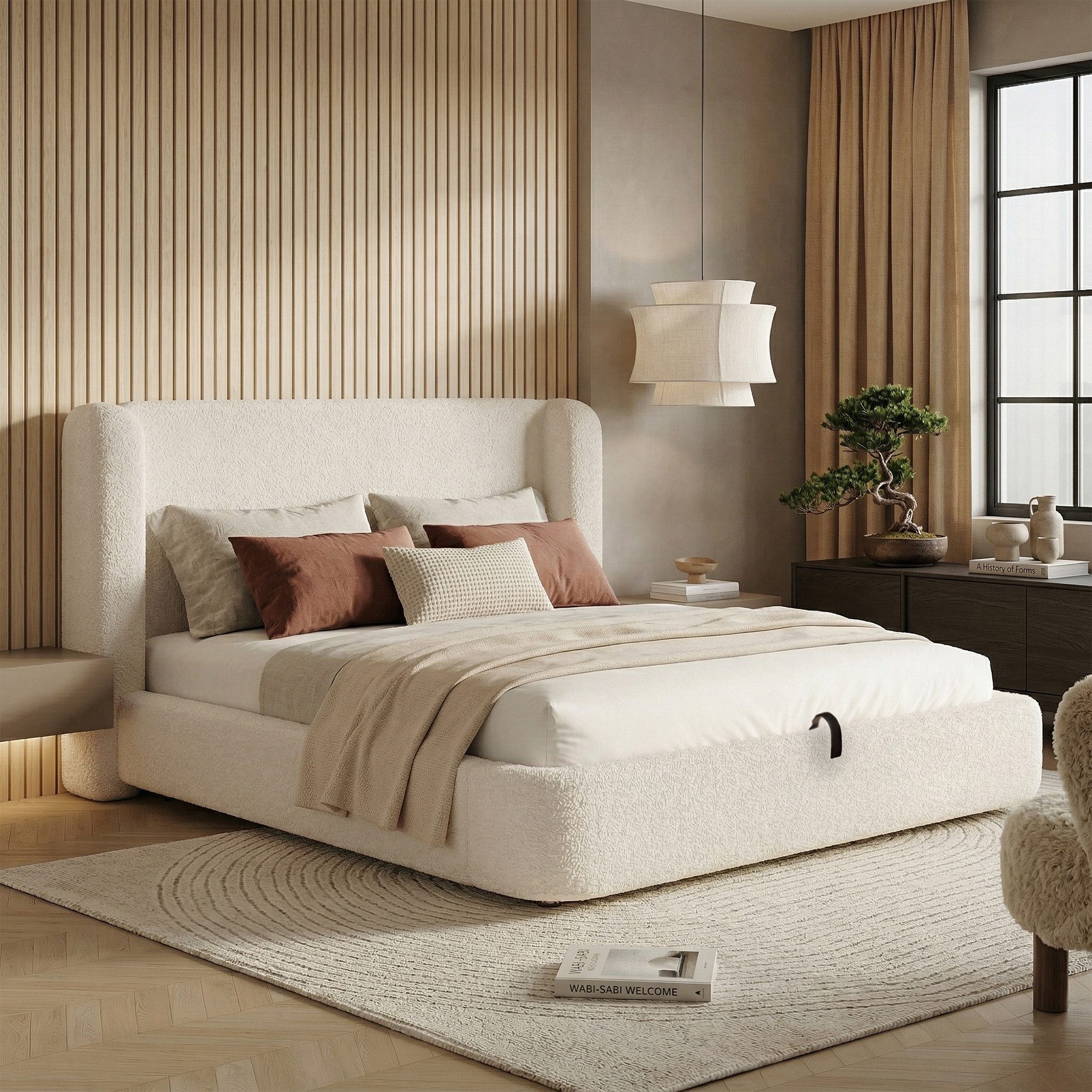 REDOM Polsterbett 180x200 cm mit Stauraum, Bouclé Beige (Packung, 2-tlg., Mit Lattenrost & Kopfteil, großem Stauraum, Beige Bouclé, hydraulisch), Gepolstertes Kopfteil, ideales Doppelbett, mit Matratze