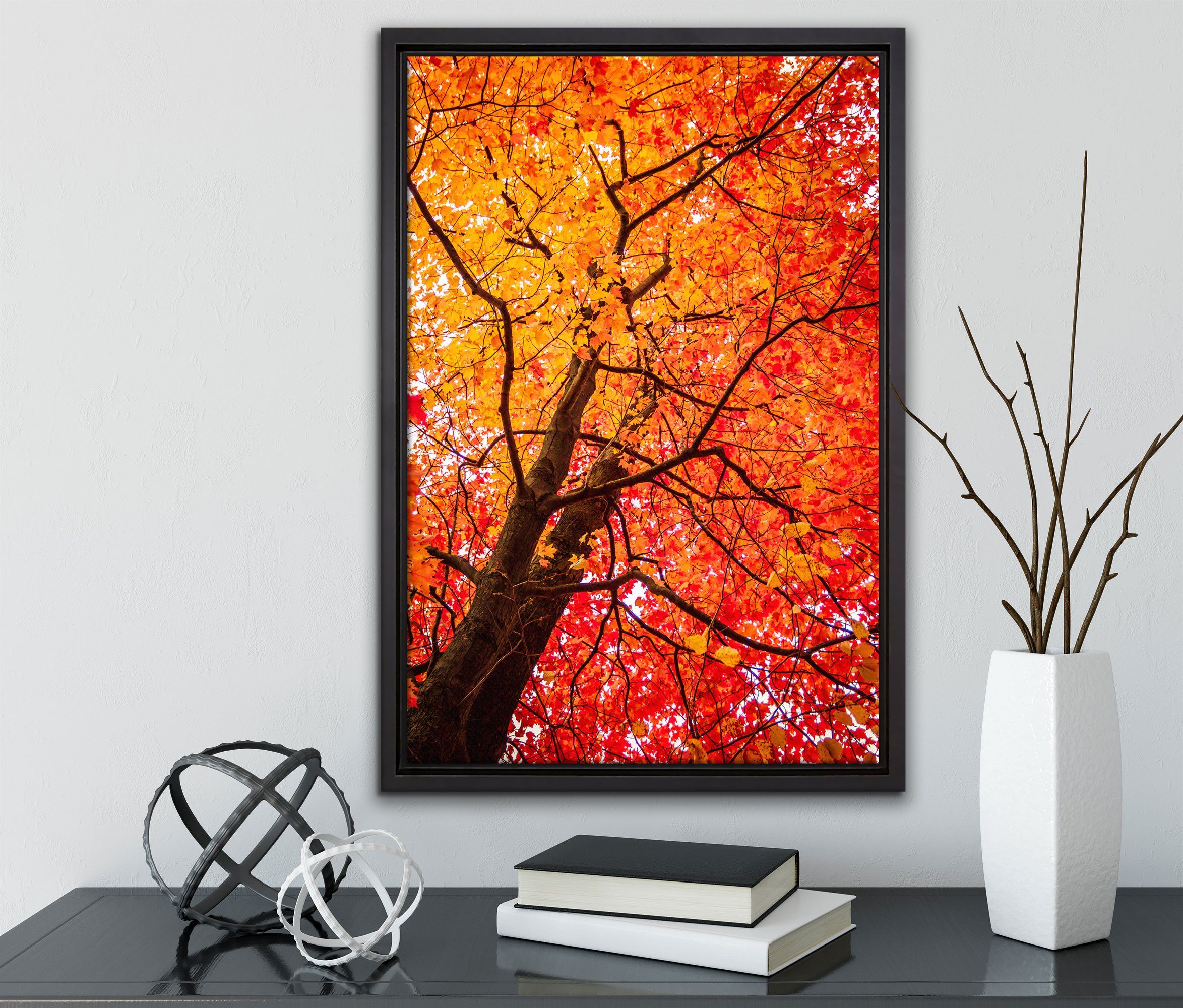 Pixxprint Leinwandbild Feurige Herbstblätter, Wanddekoration einem fertig St), in (1 bespannt, Leinwandbild gefasst, Schattenfugen-Bilderrahmen Zackenaufhänger inkl