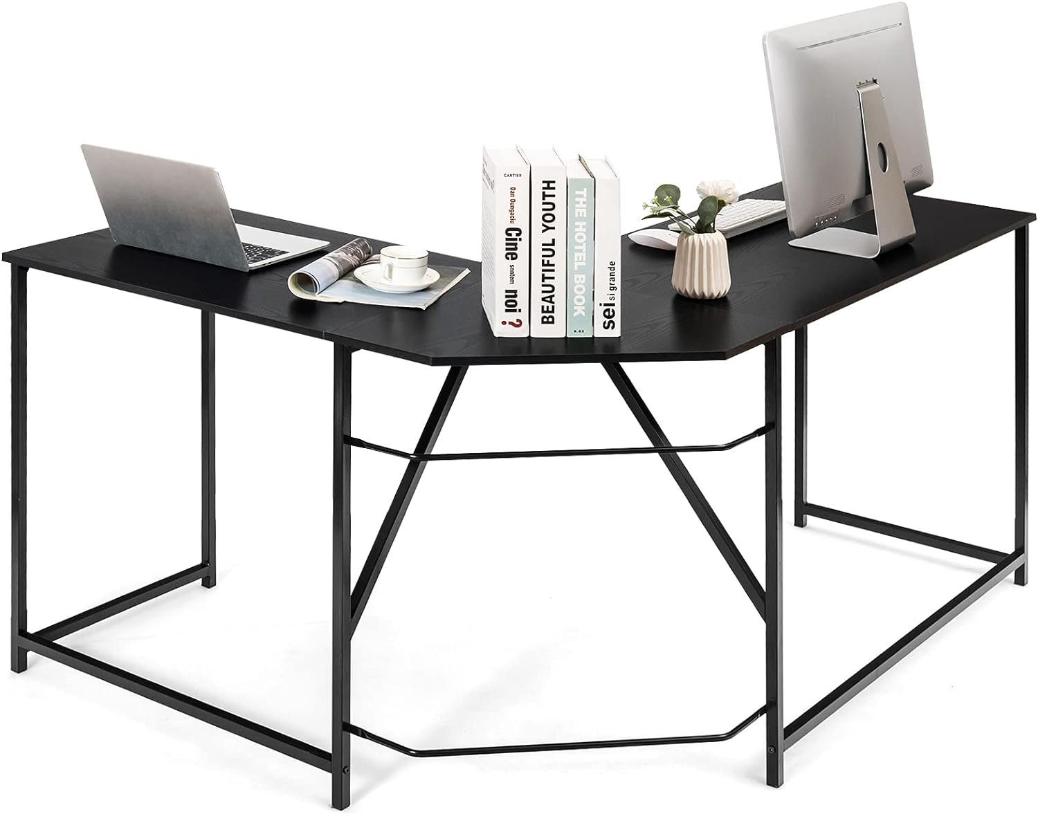 COSTWAY Schreibtisch, L-förmiger Computertisch, Metallrahmen, 148×120×75cm schwarz