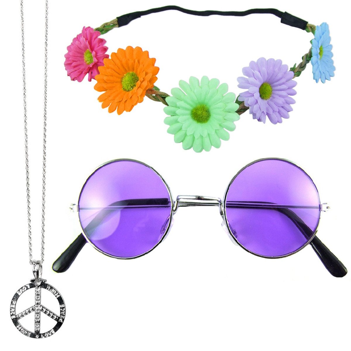 Verkleidungsmaske Hippie Set 3-tlg. - Margeriten Haarband, Peace Ket