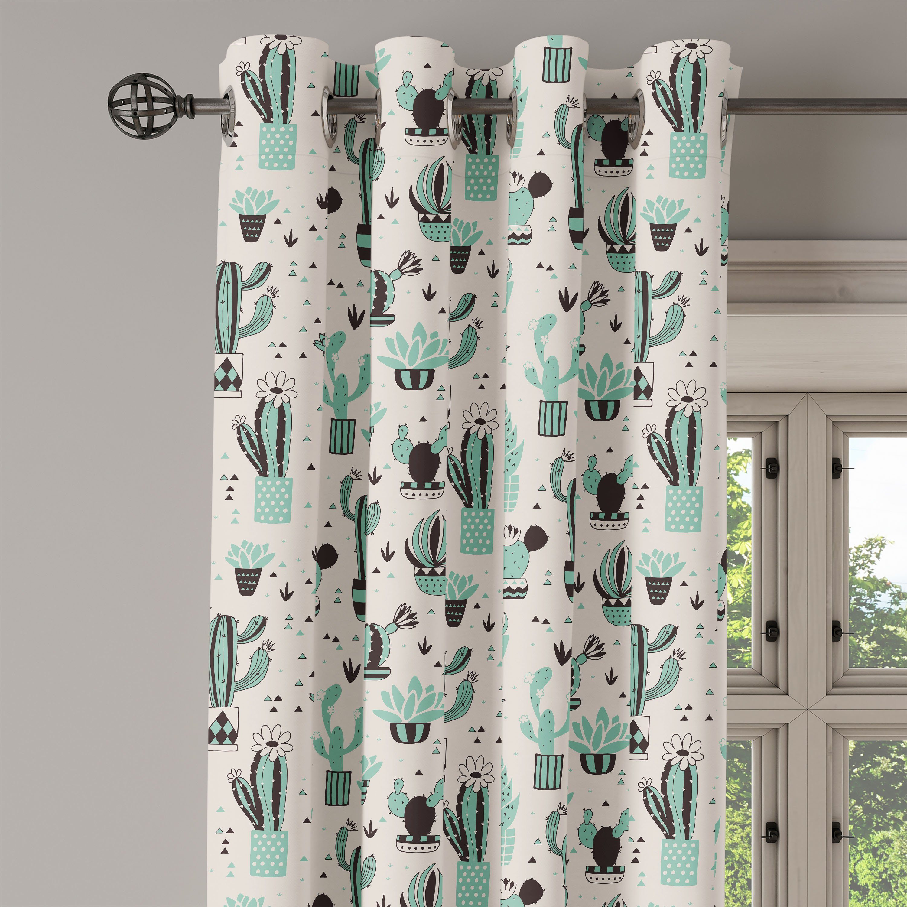 für 2-Panel-Fenstervorhänge Dekorative Gardine Geometrische Pflanze Kaktus Abakuhaus, Schlafzimmer Cartoon Wohnzimmer,