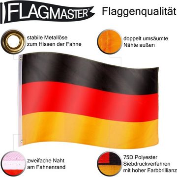 FLAGMASTER Fahne FLAGMASTER® Aluminium Fahnenmast 6,5m,Komplettset (Mast + Fahne), 5-fach höhenverstellbar, 29 Verschiedene Fahnen zur Wahl