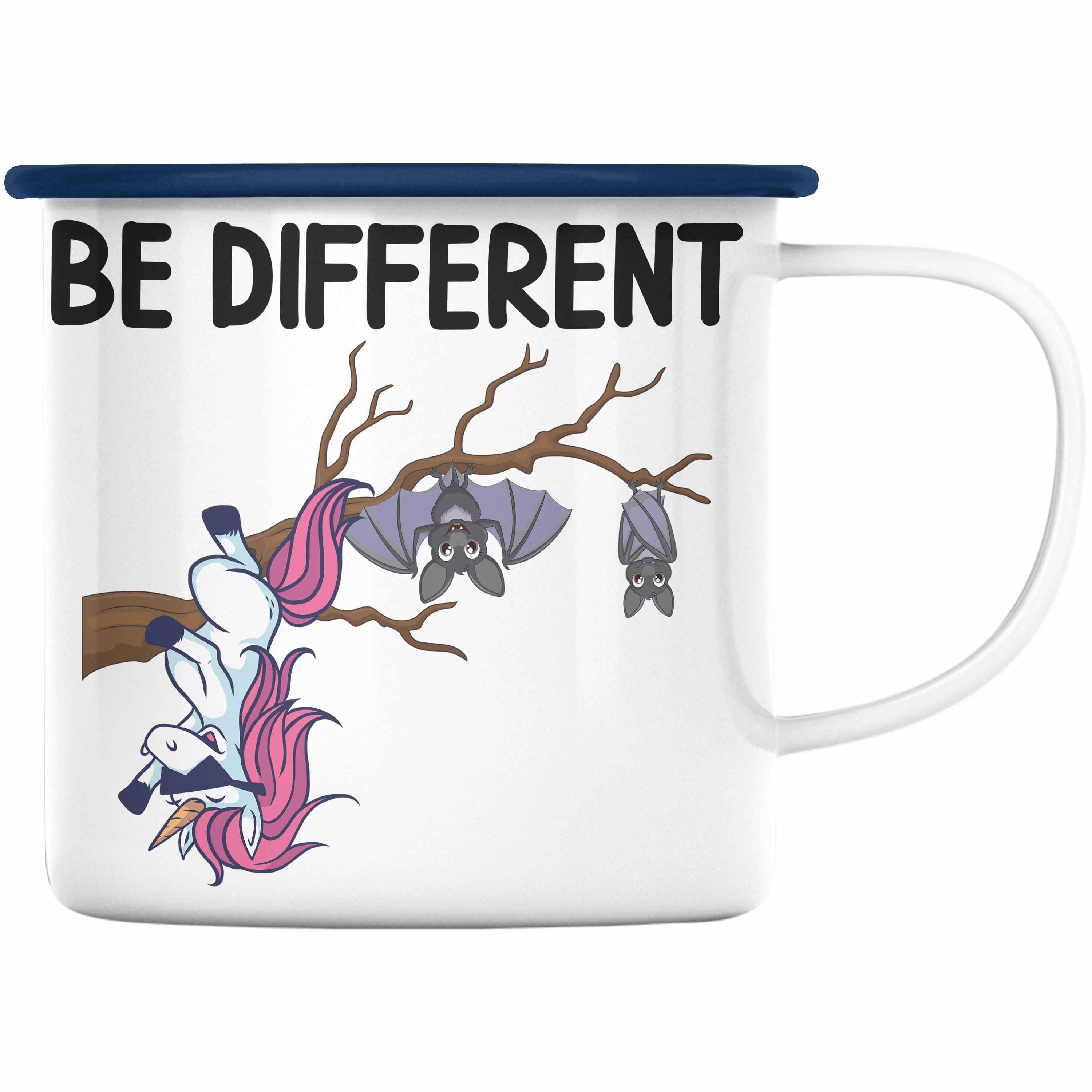 Trendation Thermotasse Trendation - Einhorn Fledermaus Emaille Tasse Geschenk Be Different Geschenkidee für Frauen Blau