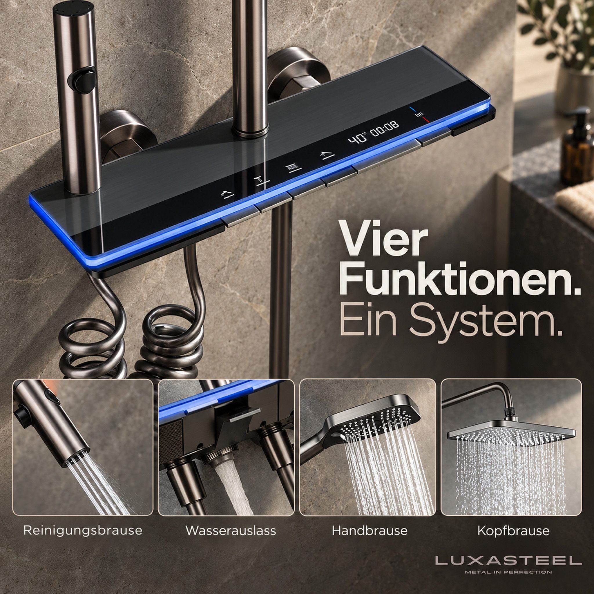 LuxaSteel Duscharmatur Duschsystem mit LED-Beleuchtung & Display (Komplett-Set, Direkt einsatzbereit) Regendusche Komplettset mit LED-Beleuchtung & Display – Bild 2 von 5