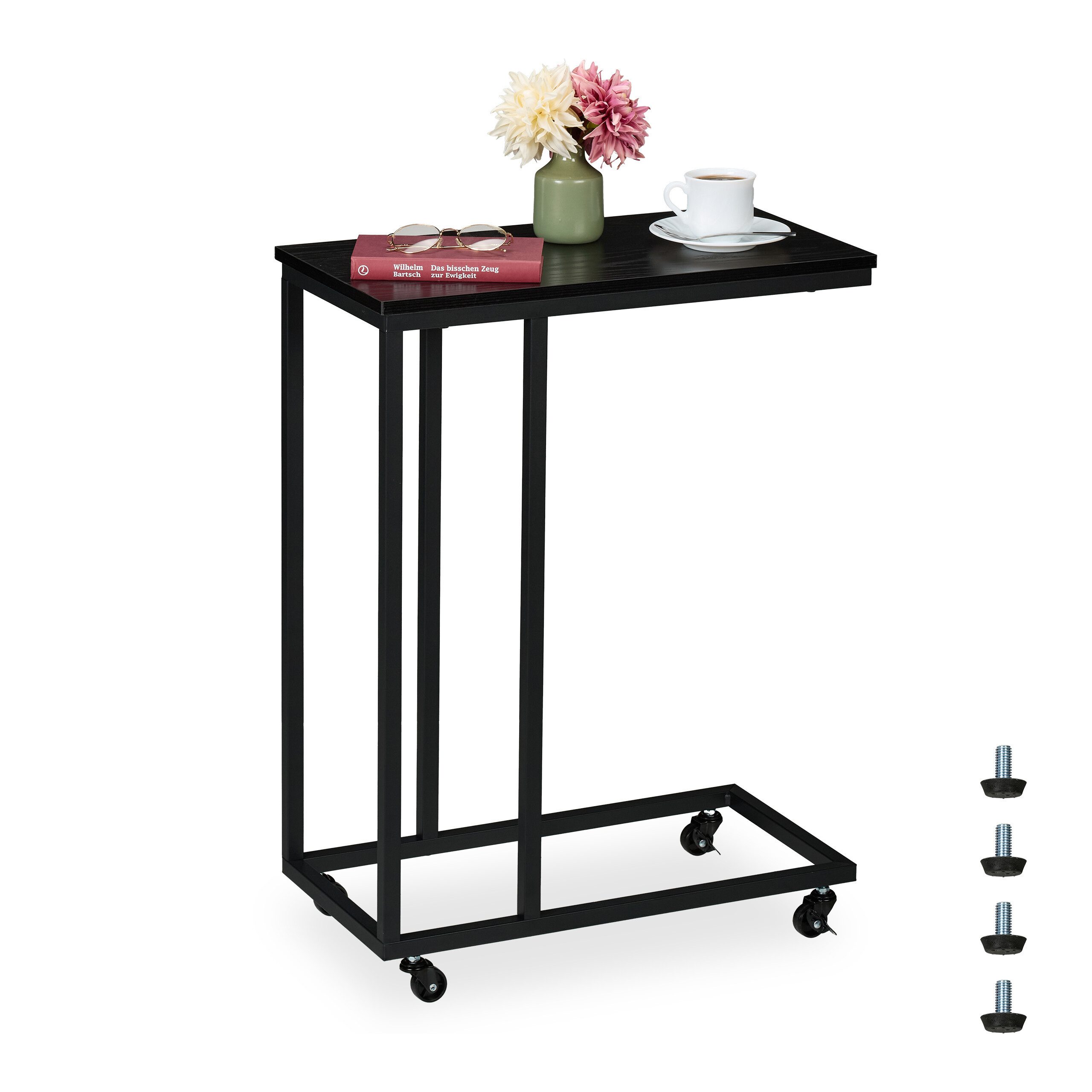 relaxdays Beistelltisch in C Form mit Rolle, schwarz günstig online kaufen