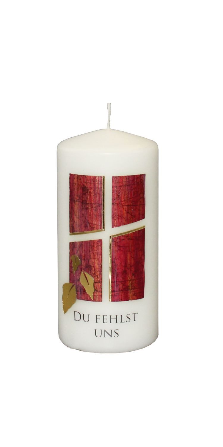 INNA-Glas Grabkerze KUNIGUNDE, Du fehlst uns, verziert, elfenbein-rot-gold, 15cm, Ø6,8cm