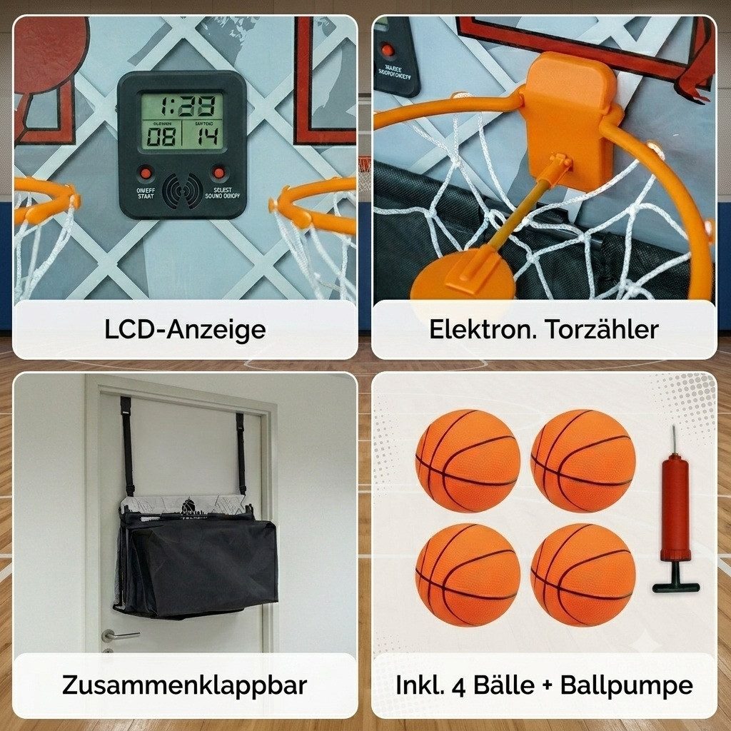 FASports Basketballkorb Indoor-Basketballspiel Bascade für die Tür mit LCD-Anzeigen, faltbar (für 2 Spieler ab 6 Jahre mit, 1-St., 2 Mini-Basketballkörben, 4 Bällen, Pumpe), Arcade Automat Basketballkorb Zimmertür-Spiel mit 2 elektron. Zählern
