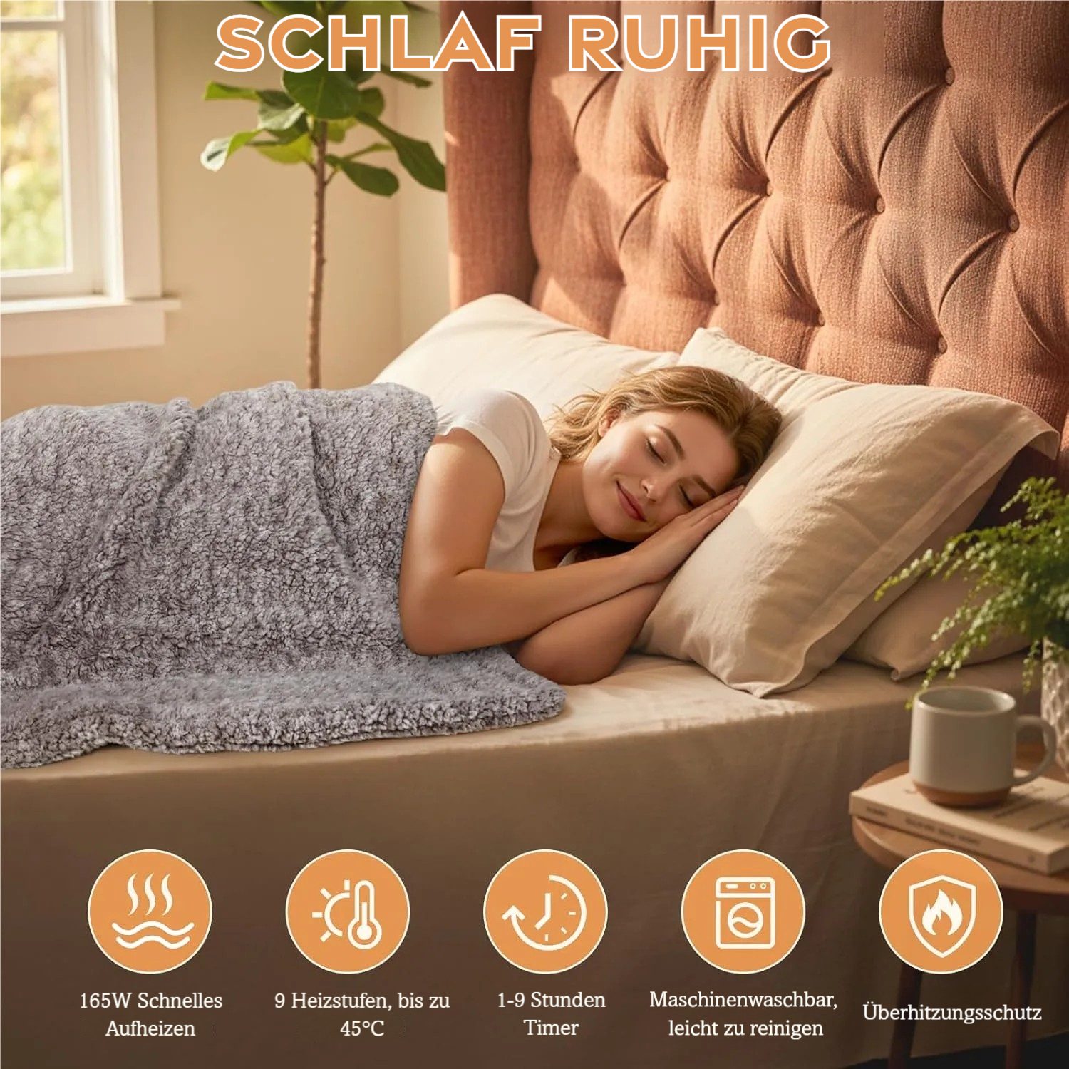 TLGREEN Heizdecke mit Abschaltautomatik,130x180 cm Flauschige Wärmedecke, 9 Temperaturstufen, 1~5 Stunden Timer, Waschbar, Überhitzungsschutz, Kuscheldecke für Sofa Büro
