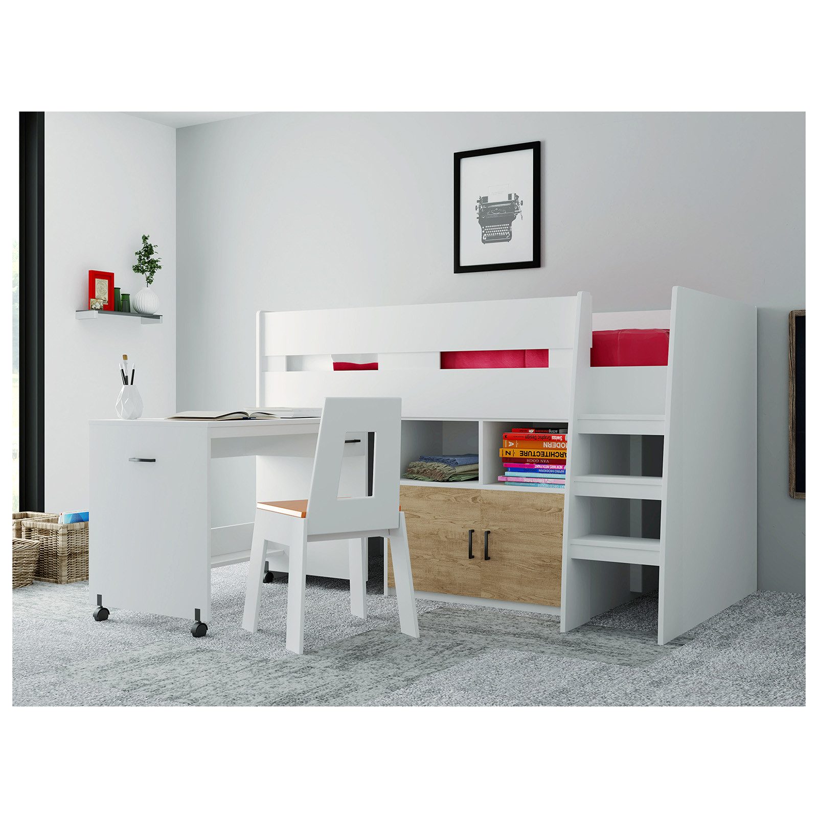 HTI-Living Kinderbett Bett 90x200 cm Hochbett mit Schreibtisch (Stück, 1-tlg., 1 Bett mit Leiter Schreibtisch und Schrank), mit ausziehbarem Schreibtisch und Schrank