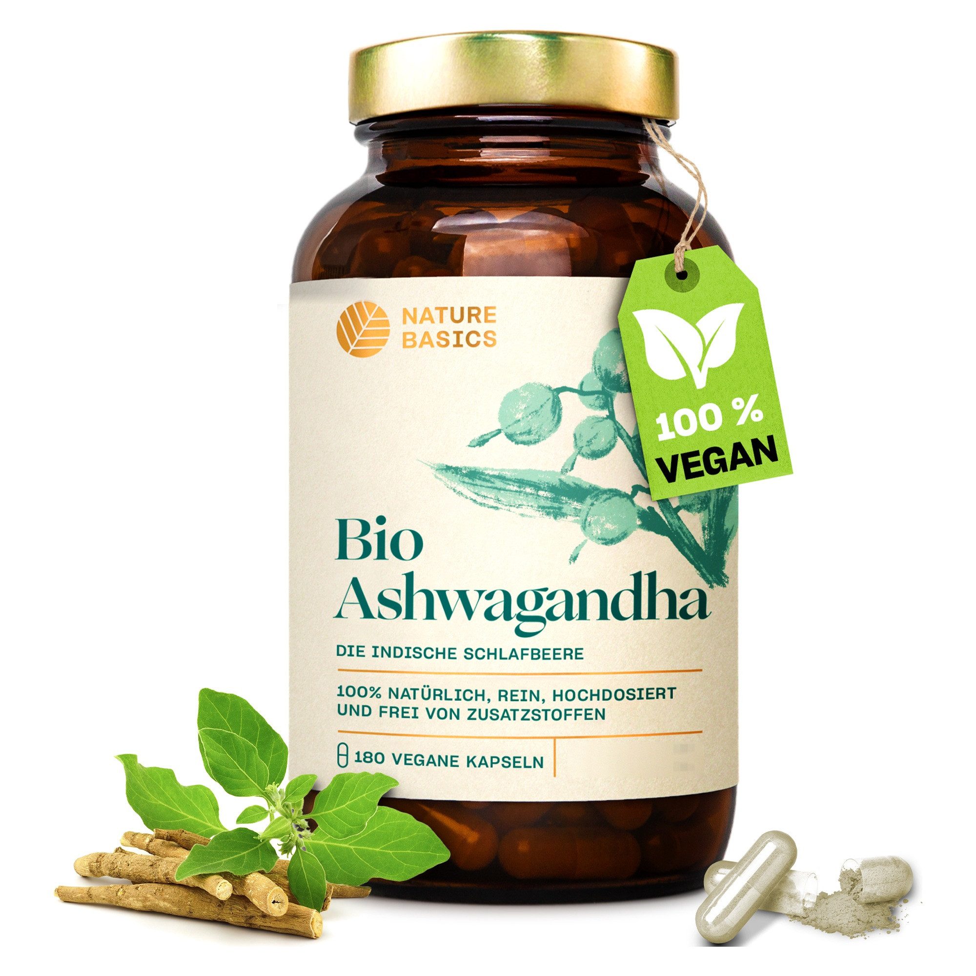 Nature Basics Hochwertiges Bio Ashwagandha Vegan im Braunglas 180 Kapseln, 180 St., 130 g