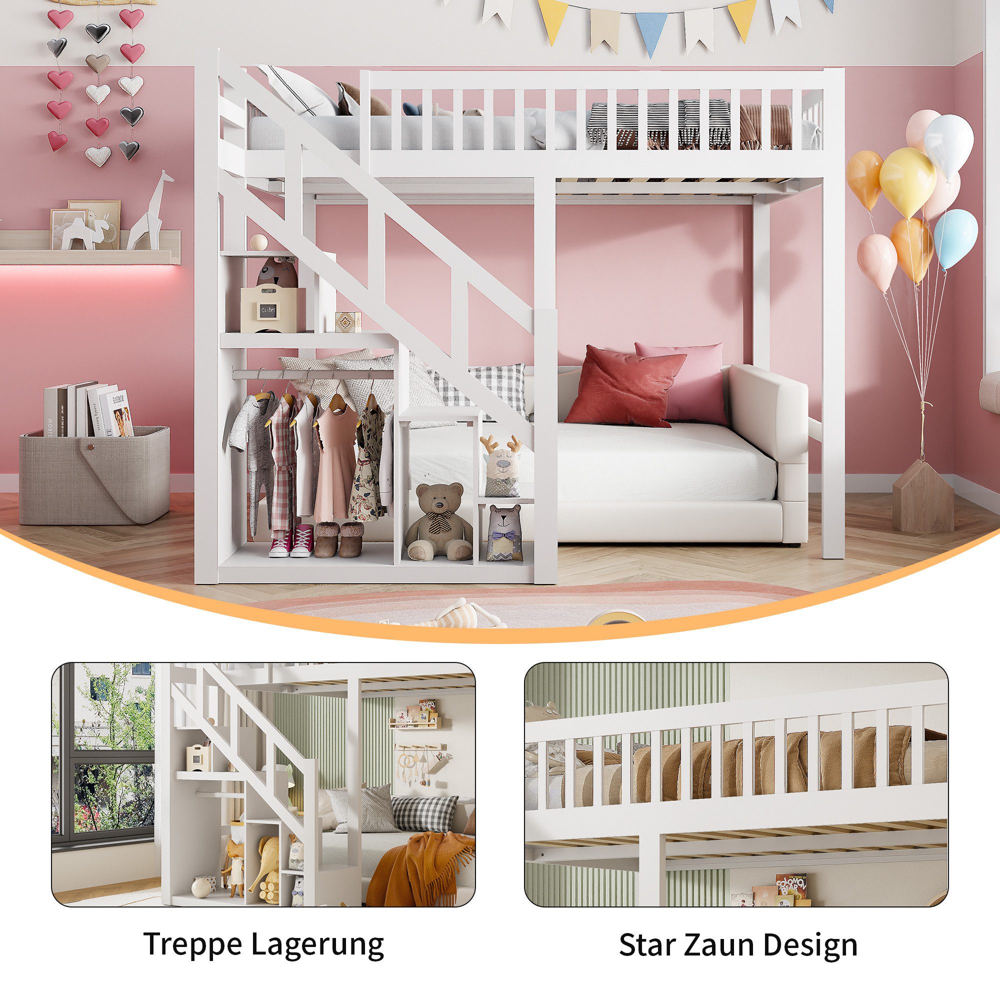 PXloue Loft Bed 90/140 x 200 Storage Bed Children's Bed Wooden Bed with Stairs, Fall Protection, Recreation Area, 90x200 cm